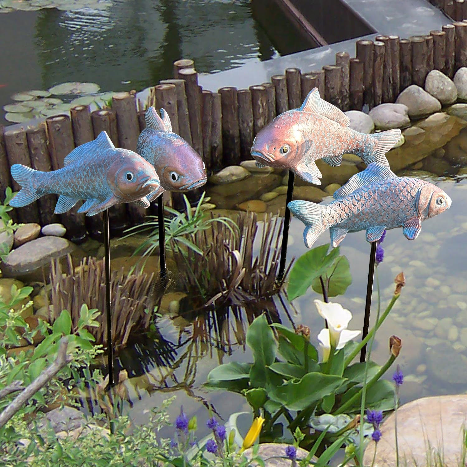 4PCS Antique Bronze Fish Garden Statue 