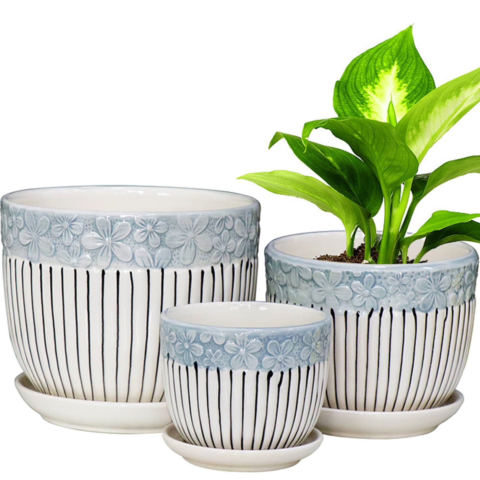 Ceramic Plant Pots Set of 3, 6.75/5.6/4.2 Inch Planters with Drainage Holes & Saucers, Modern Decorative Flower Pots for Indoor Outdoor House Plants, Succulents & Garden Decor