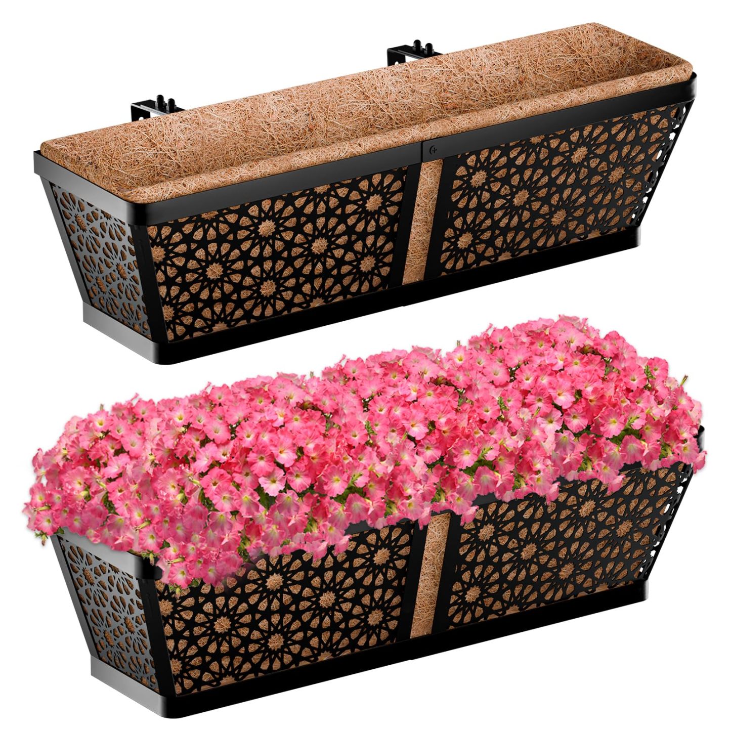 2 Pack 24 Inch Hanging Railing Planter Boxes, Window Flower Planters with Coco Liner & Adjustable Brackets for Outdoor Balcony Deck Fence