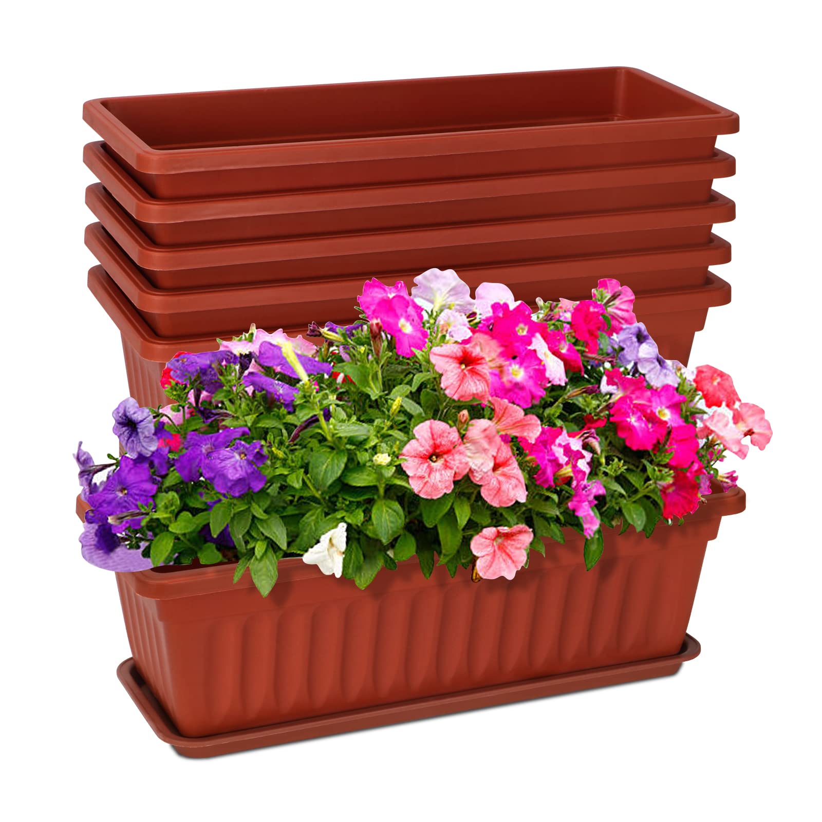6 Pack 17 Inch Rectangular Plastic Window Planter Boxes, Brick Red Plant Pots with Drainage Trays for Windowsill Balcony Garden Patio