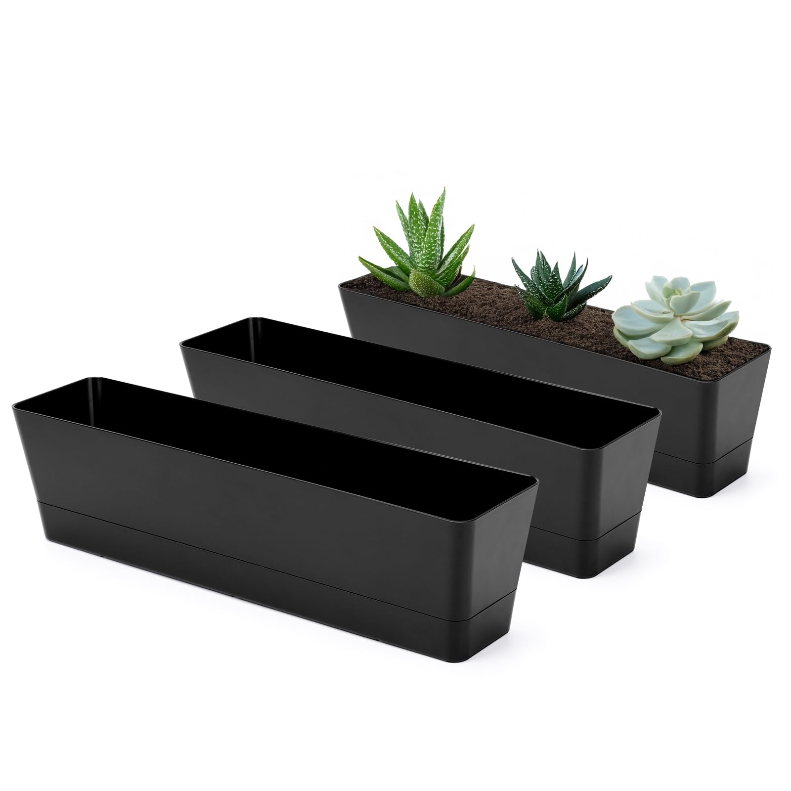 3 Pack 16x3.8 Inch Black Rectangular Plastic Planter Boxes, Flower Herb Succulent Pots with Drainage Holes & Tray for Indoor Outdoor Balcony Garden Windowsill