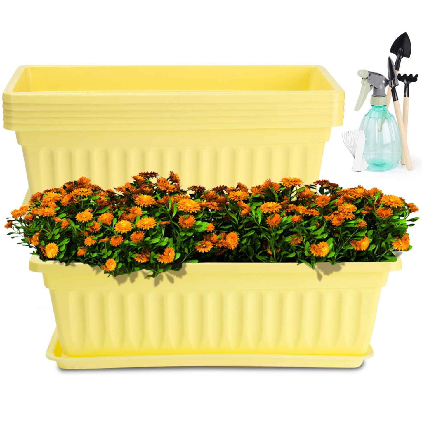 6 Pack 17 Inch Yellow Rectangular Plastic Planter Boxes with Tray, Flower Vegetable Pots for Windowsill Patio Balcony Indoor Outdoor