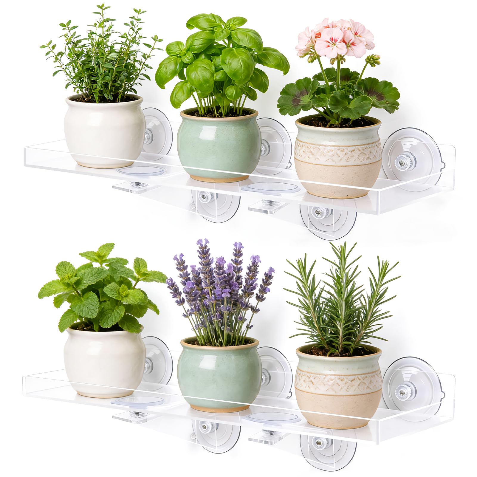 2 Pack 15.7 x 5.9 Inch Acrylic Window Plant Shelves, Heavy Duty Suction Cup Floating Shelf with Support Bracket for Indoor Succulents Plants