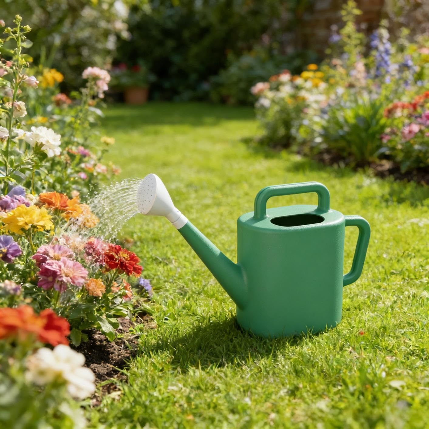 2 Gallon Resin Watering Can, Green Lily Design with Top & Side Dual Handles, Offset Opening for Easy Refill, Indoor & Outdoor Garden Use