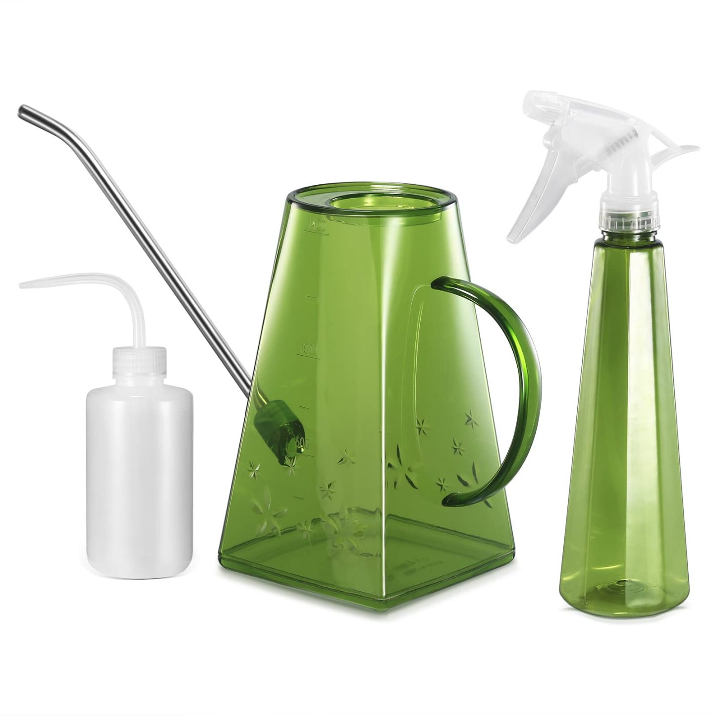 47oz Plastic Watering Can with Long Spout & Wide Opening, Green, Comes with 16oz Spray Bottle + 8.5oz Squeeze Bottle for House Plants