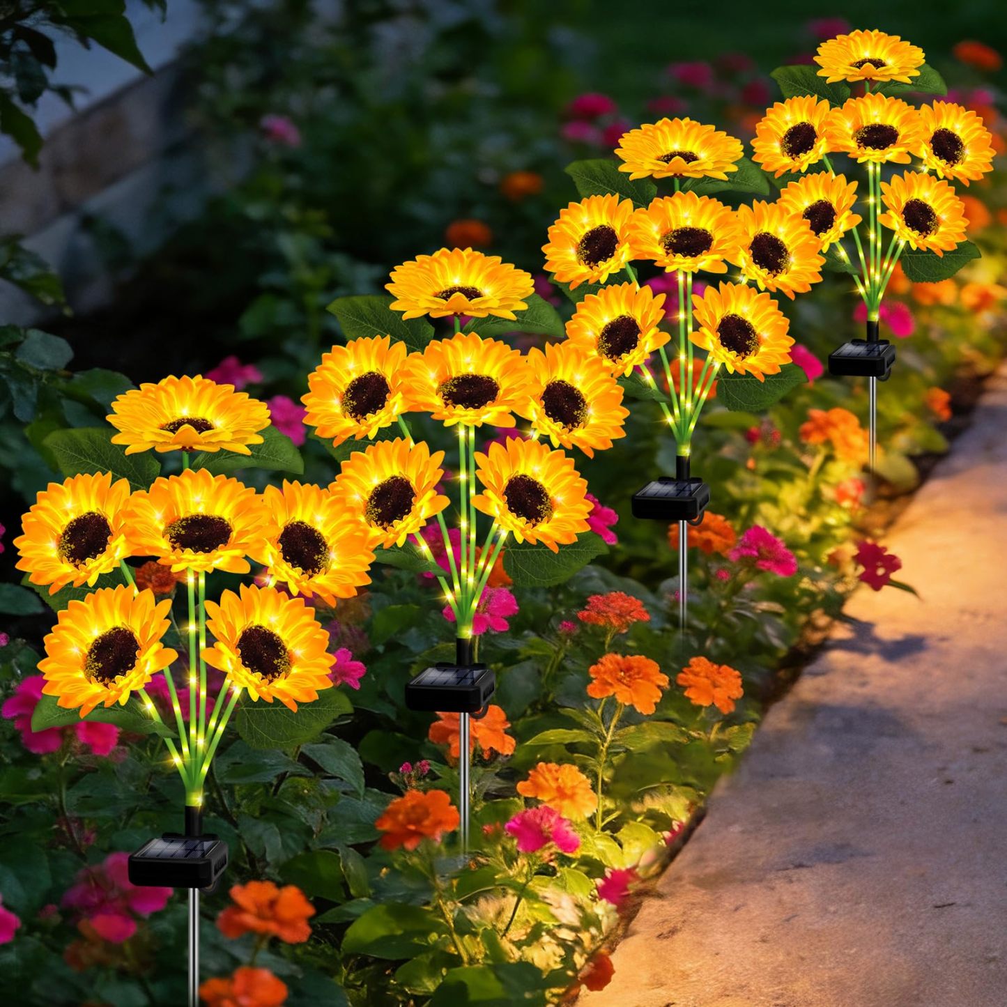 Solar Garden Lights, 4 Sets with 24 Sunflower LED Lights, Waterproof Flower Stake Lights, Outdoor Landscape Decor for Yard Patio Lawn, Sweet Gift for Mom Grandma