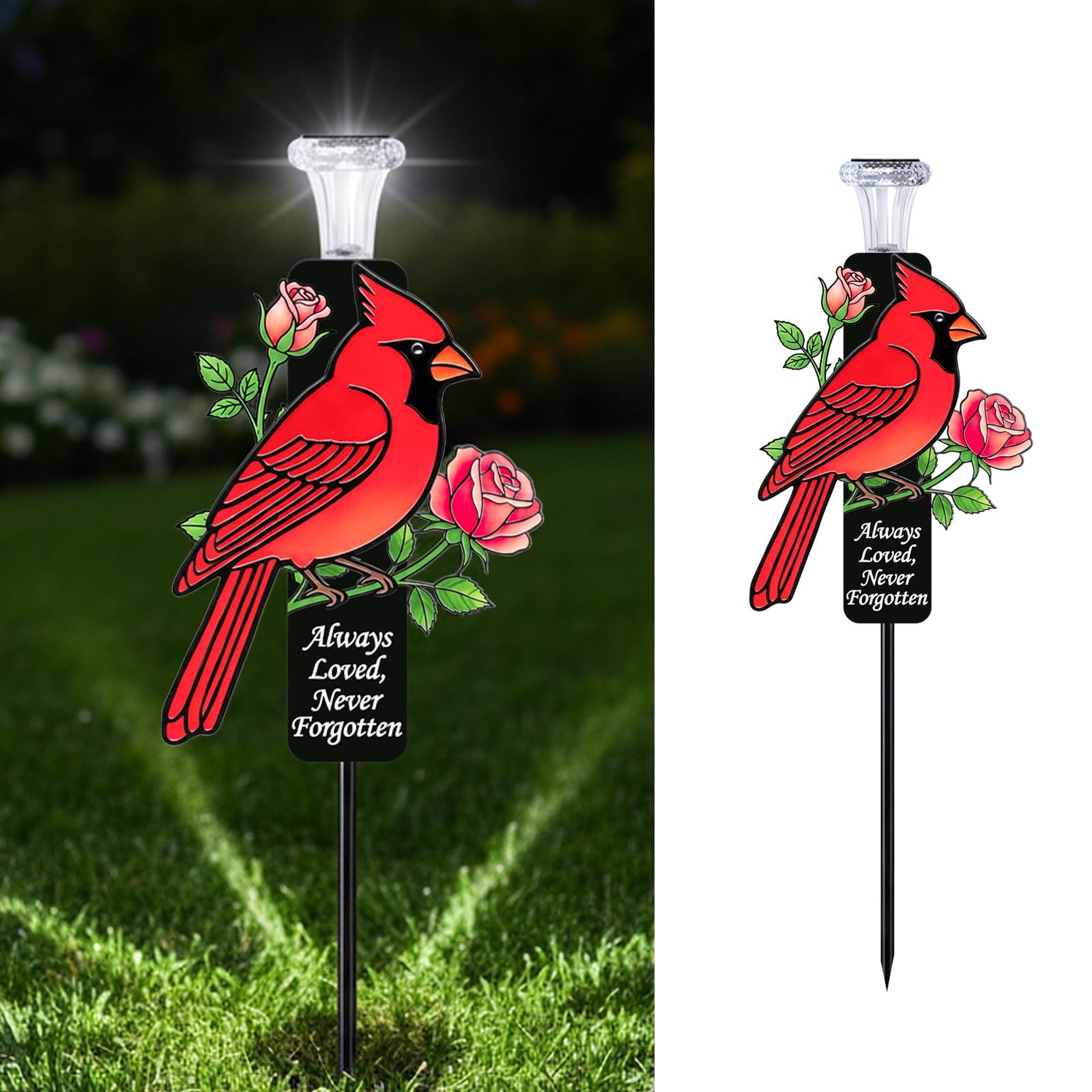 Red Cardinal Solar Memorial Stakes, Metal Cemetery Grave Decor with LED Lights, Sympathy Bereavement Gift for Loss of Mom, Grandma & Loved Ones