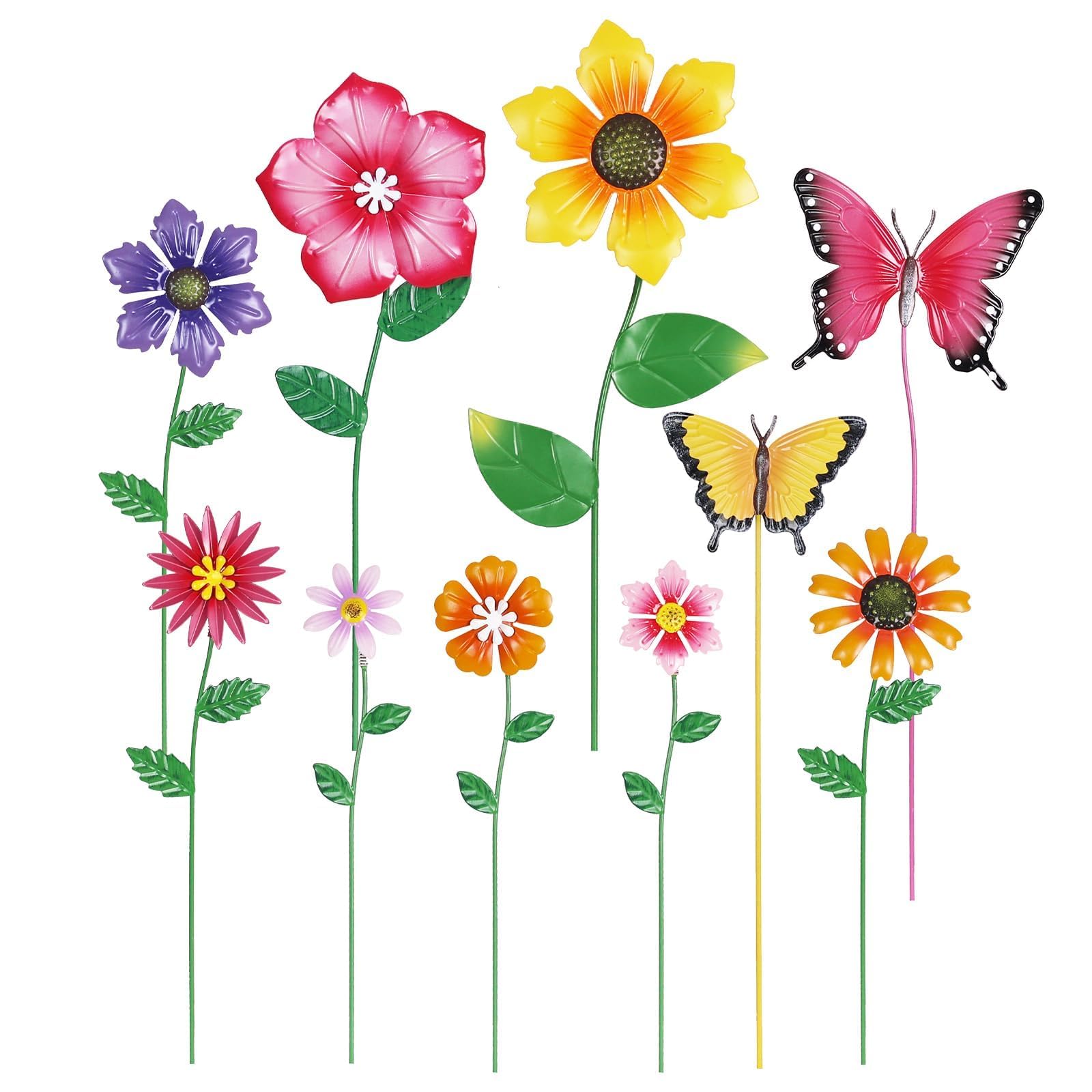 Set of 10 Multi-Color Metal Flower Garden Stakes, Spring Outdoor Decor, Yard Art Ornaments for Lawn, Porch & Pathway