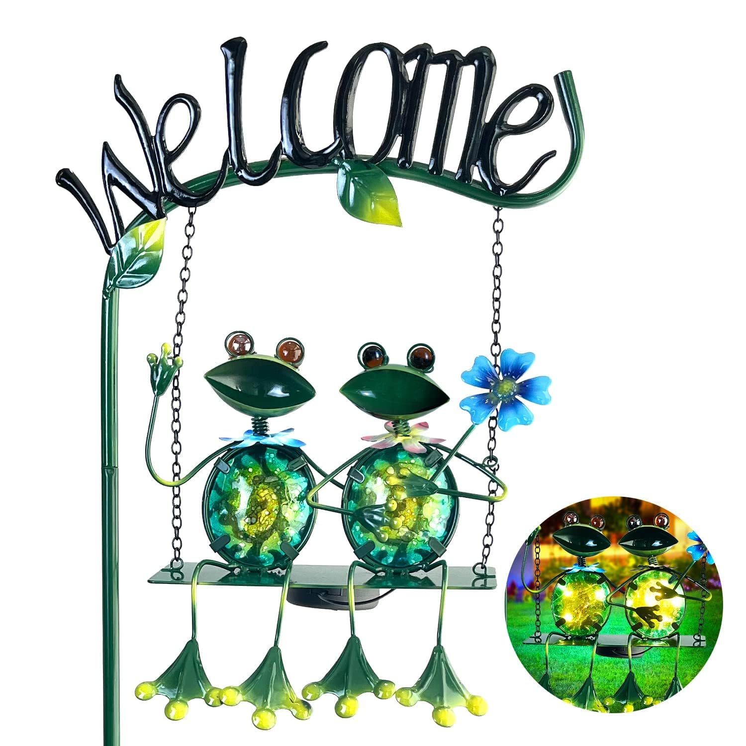 48 Inch Solar Frog Swing Garden Stake, Waterproof Outdoor Landscape Lights with Welcome Sign, Decorative Yard Patio Ornament, Gift for Mom & Women