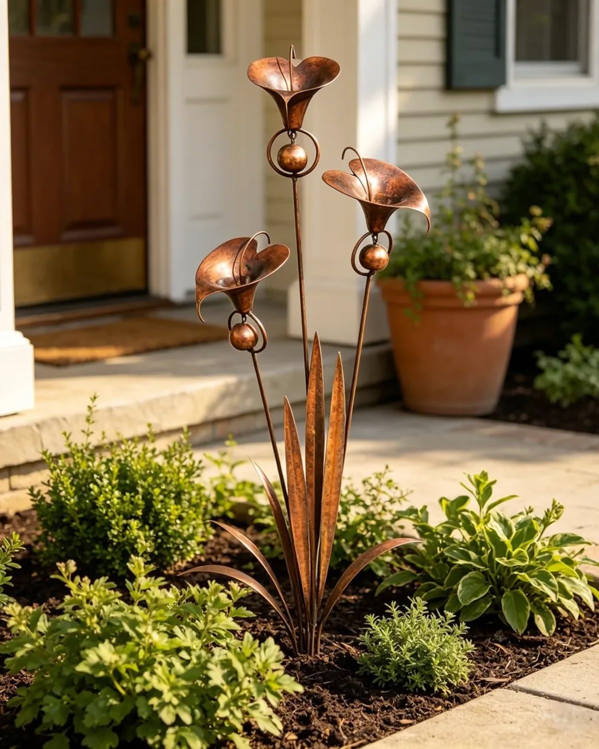 24 Inch Handmade Flamed Copper Calla Lily Garden Stake, 3 Flowers with Bells & Rain Catcher, Rustic Metal Yard Art Sculpture, Wind Chime Ornament & Gift