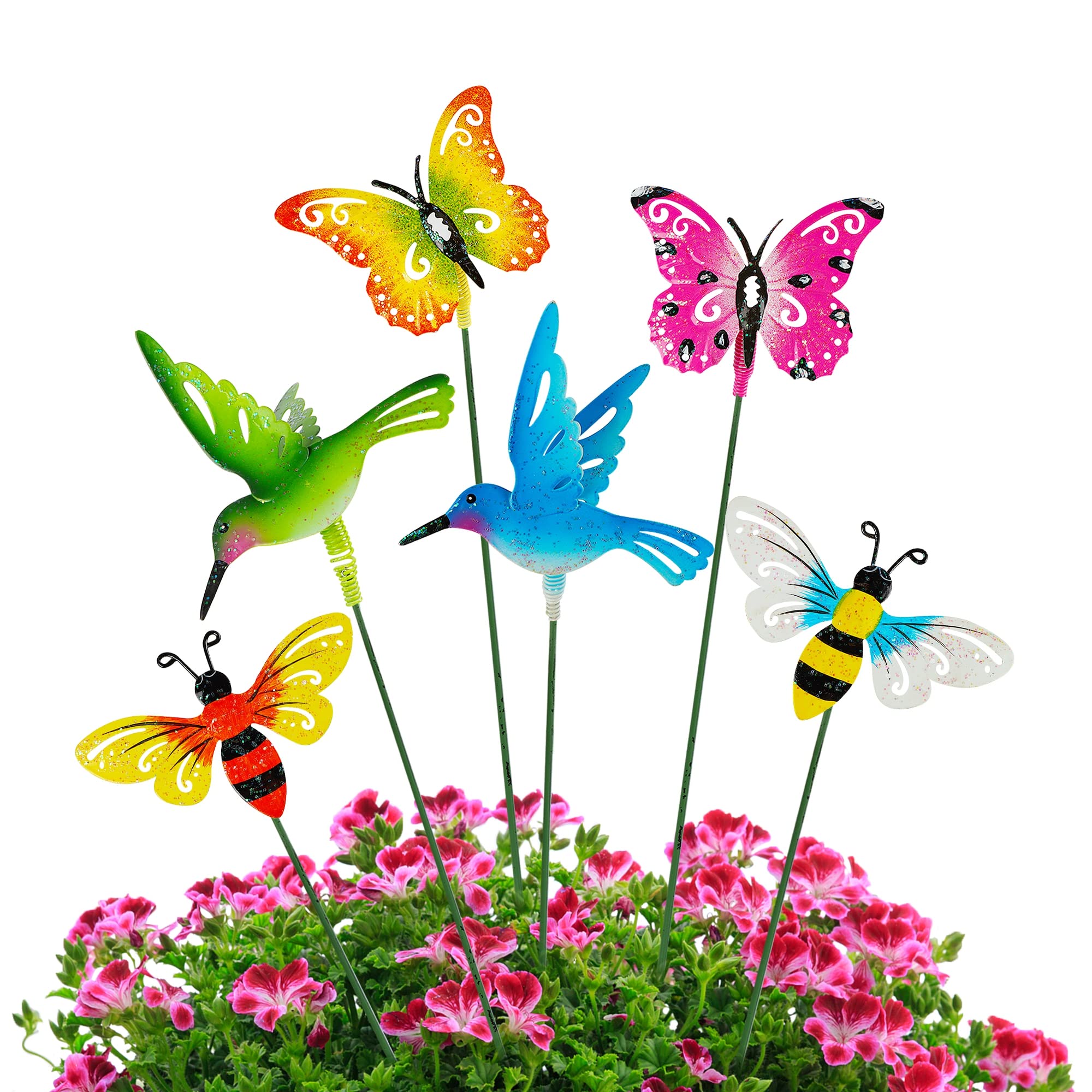 6 Pack Metal Yard Stakes, 15 Inch Colorful Butterfly Hummingbird Bee Shaking Head Yard Art, Rust Proof Outdoor Plant Sticks for Lawn Patio Pathway Decor