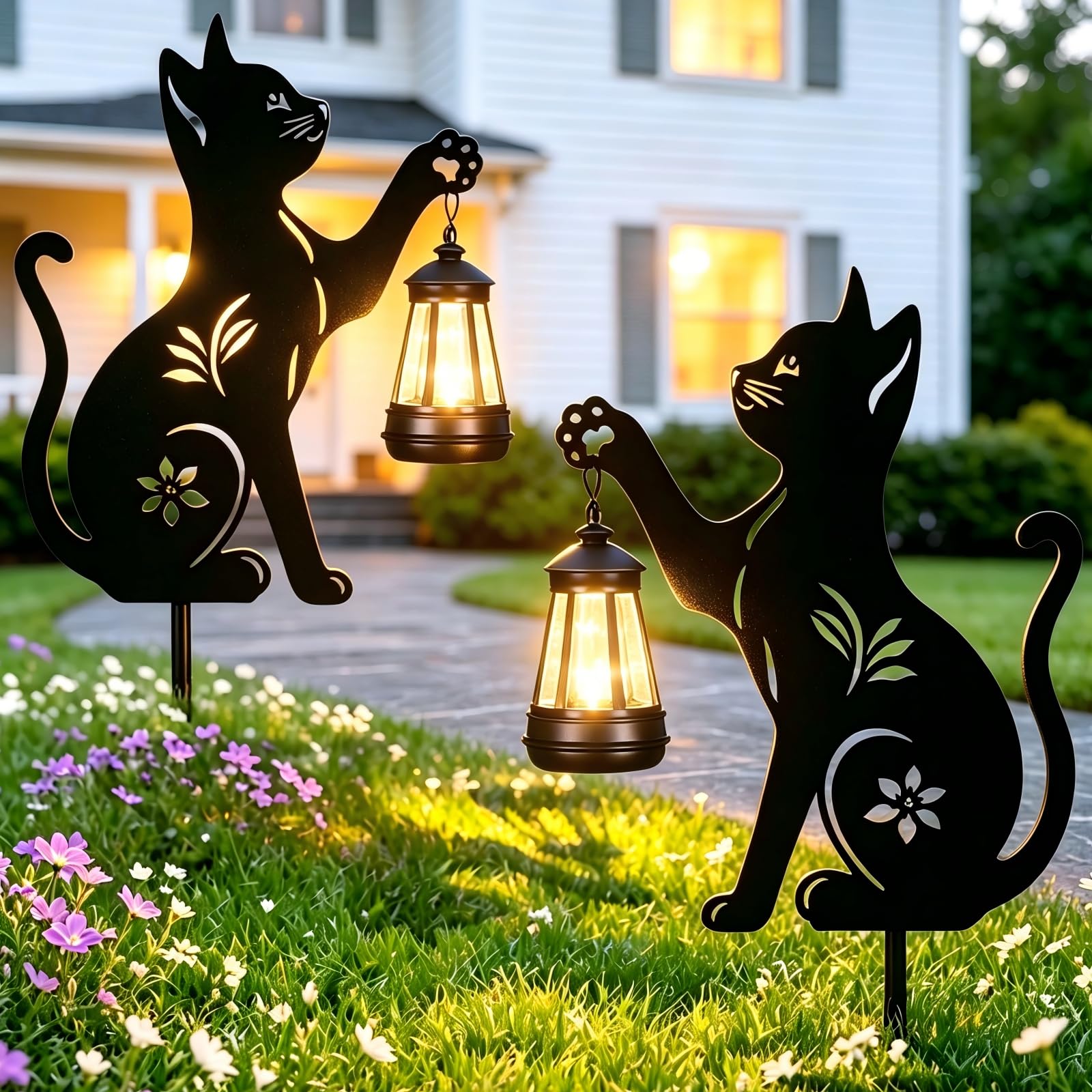 2 Pack Solar Cat Lantern, Hanging Black Cat Solar Lights, Metal Garden Stakes Statue for Yard Lawn Patio Decor, Ideal Gifts for Mom Grandma Women