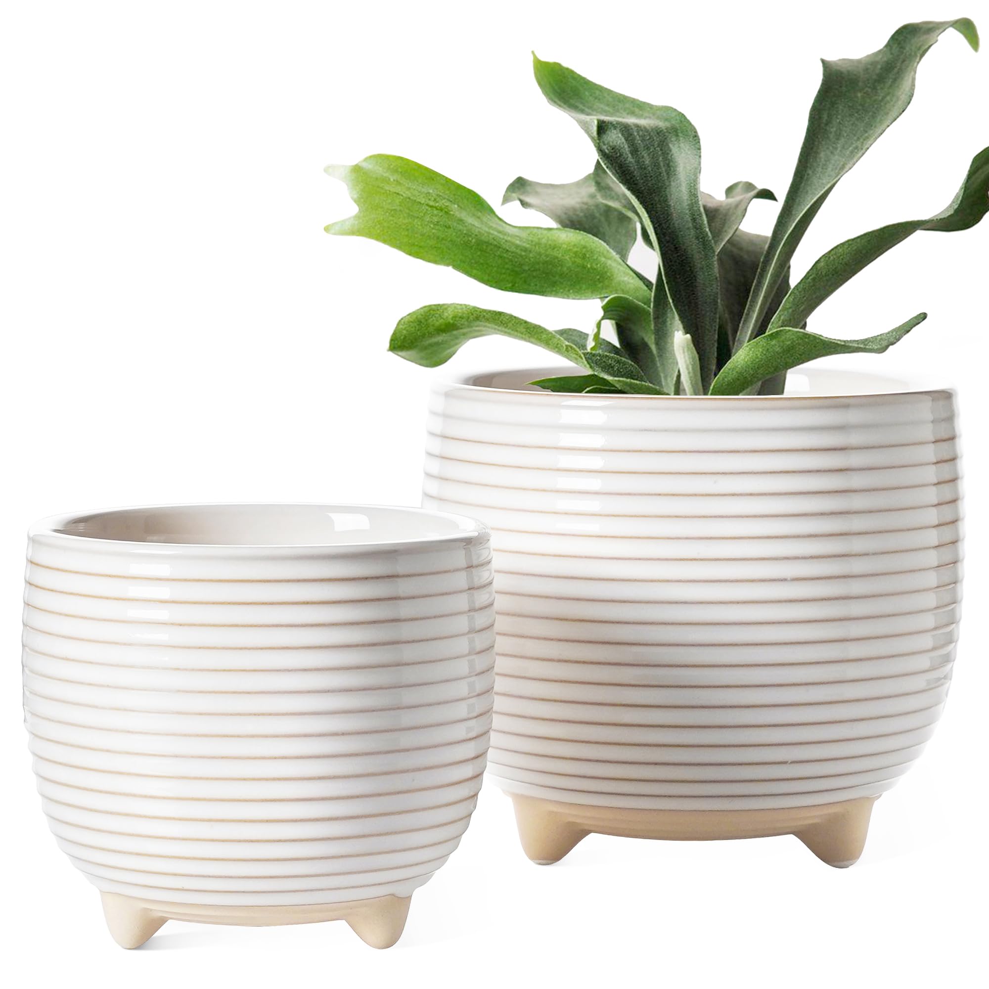 White Ceramic Plant Pots, 5.1 + 6.4 Inch Footed Planters, Modern Flower Pots with Drainage Holes, Reactive Glaze Indoor Planters for Home & Office