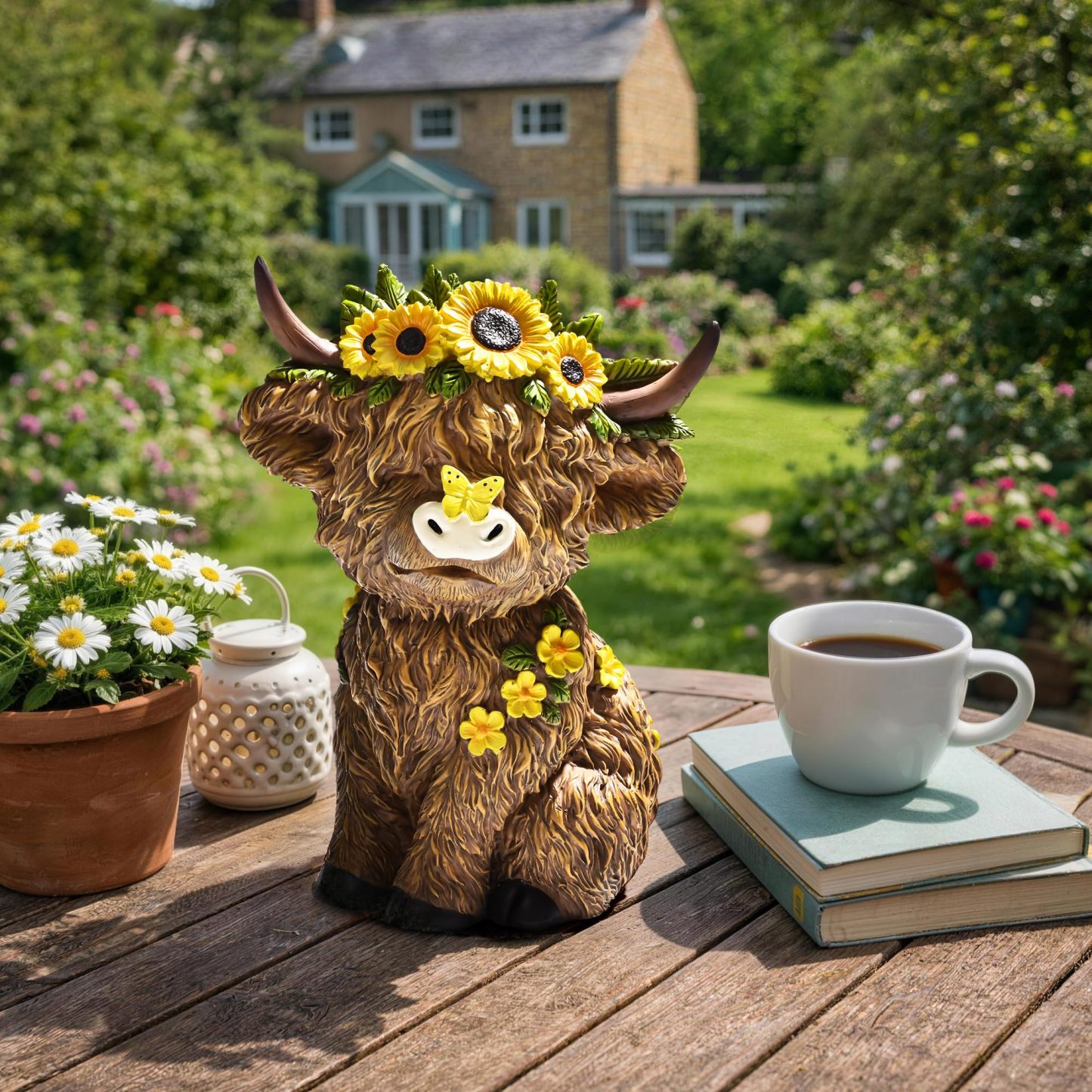 8 Inch Highland Cow Statue, Resin Highland Cow Figurine Indoor Outdoor Decor for Patio Yard Lawn Windowsill, Lovely Garden Gift for Mom & Friends