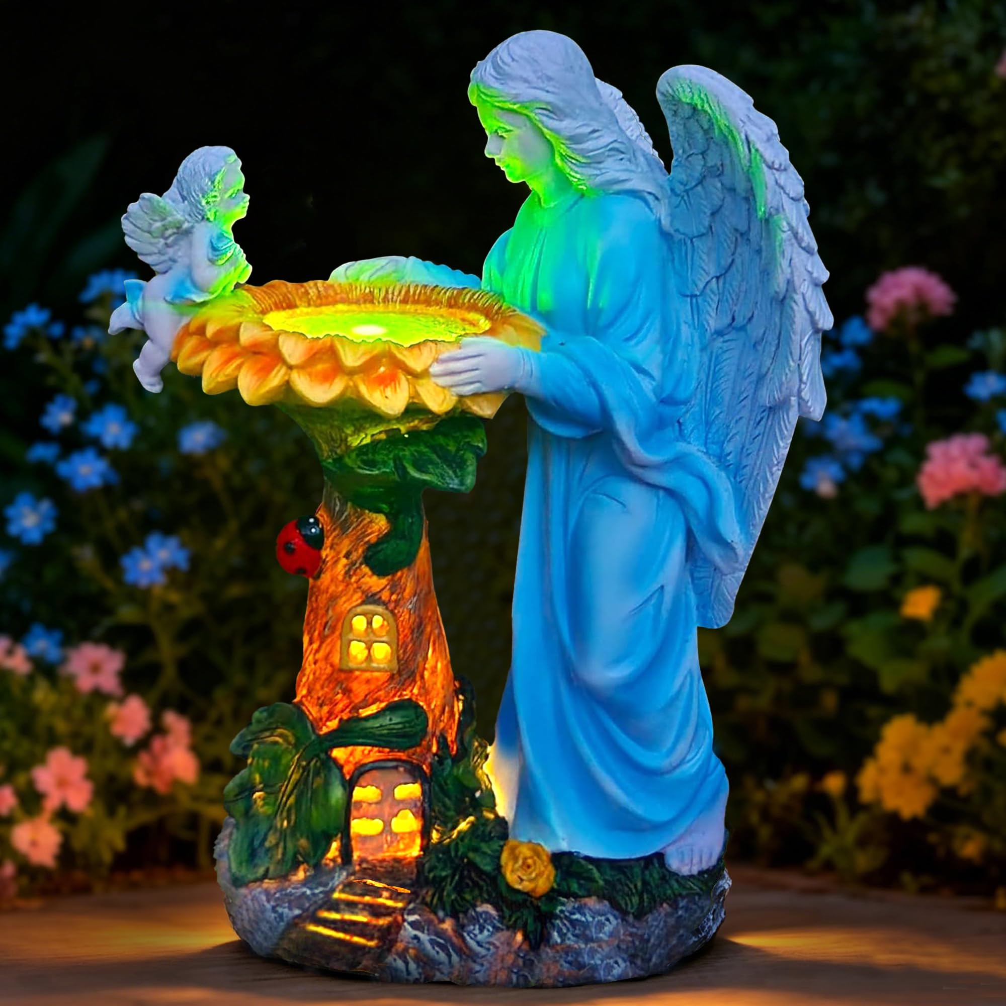 Solar Angel Garden Statue with Color Changing LED Lights, Sunflower Resin Waterproof Outdoor Figurine Decor for Patio Yard Lawn Backyard, Ideal Christmas & Birthday Gift for Garden Lovers