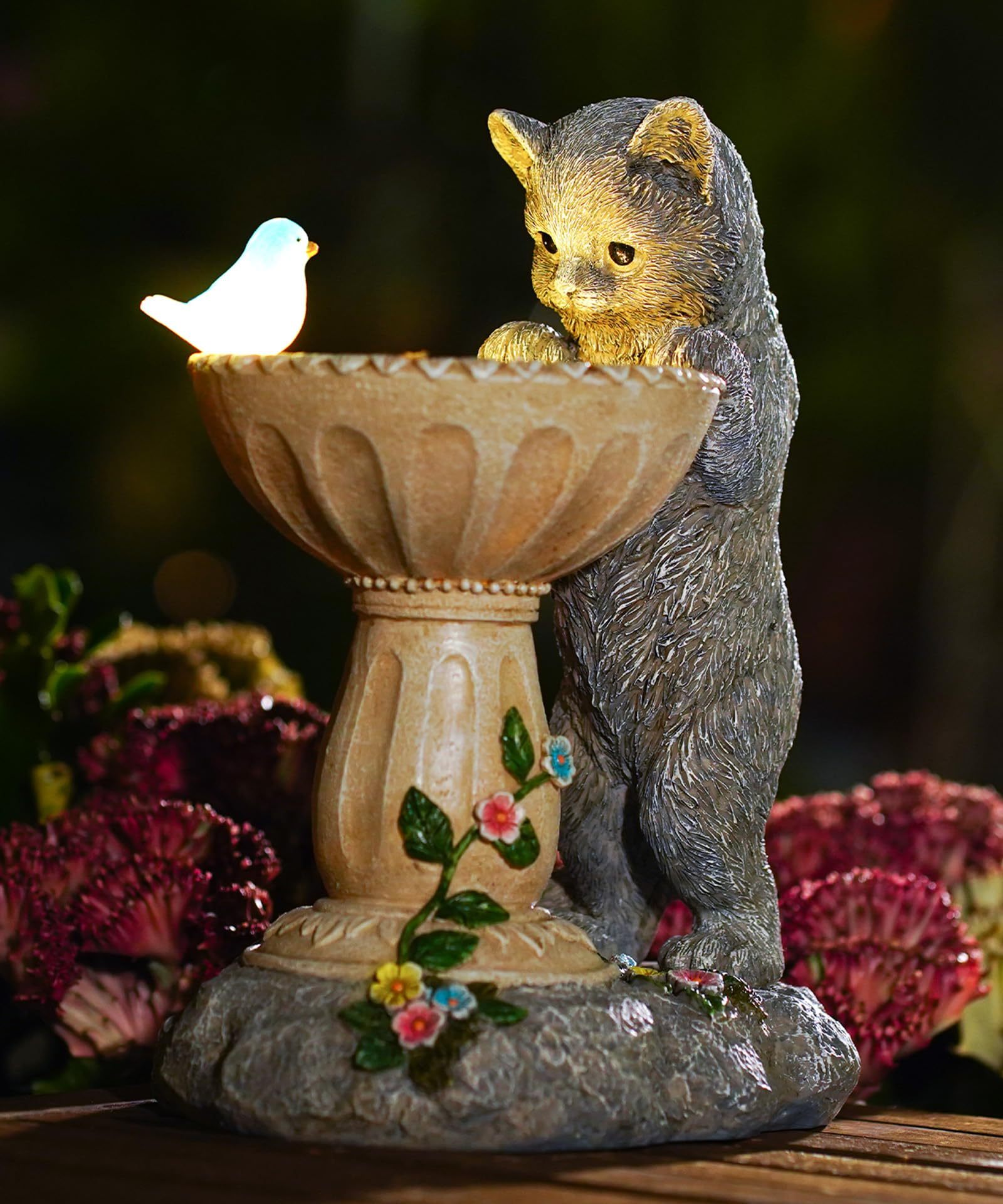 Solar Powered Cat Garden Statue with Auto LED Lights, IP44 Waterproof Resin Outdoor Figurine for Yard Patio Balcony, Unique Birthday Gift for Mom, Grandma & Bird Lovers