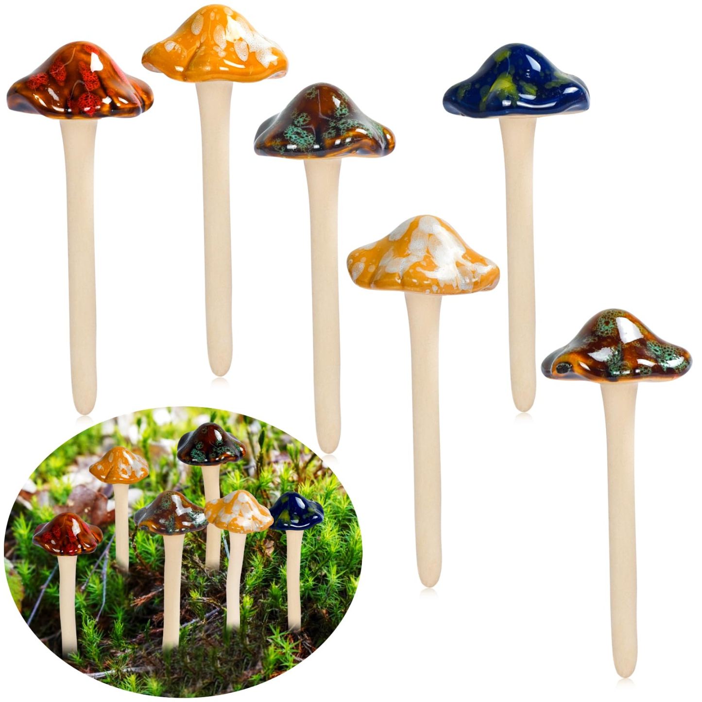 Ceramic Mushroom Garden Statue, Mini Fairy Garden Ornament for Lawn Flowerpot Dollhouse Potting Shed, DIY Outdoor Yard Decor