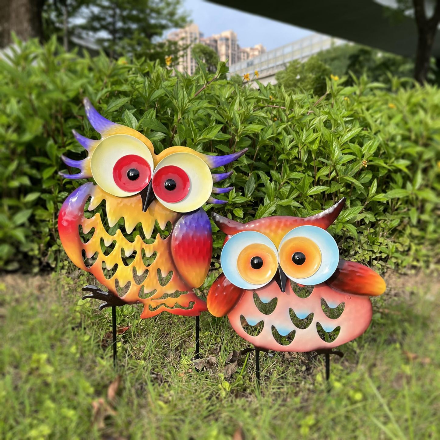 Pack of 2 Vibrant Metal Owl Silhouette Stakes, Rustproof Animal Garden Statues, Outdoor Yard Lawn & Flower Bed Decor Ornaments
