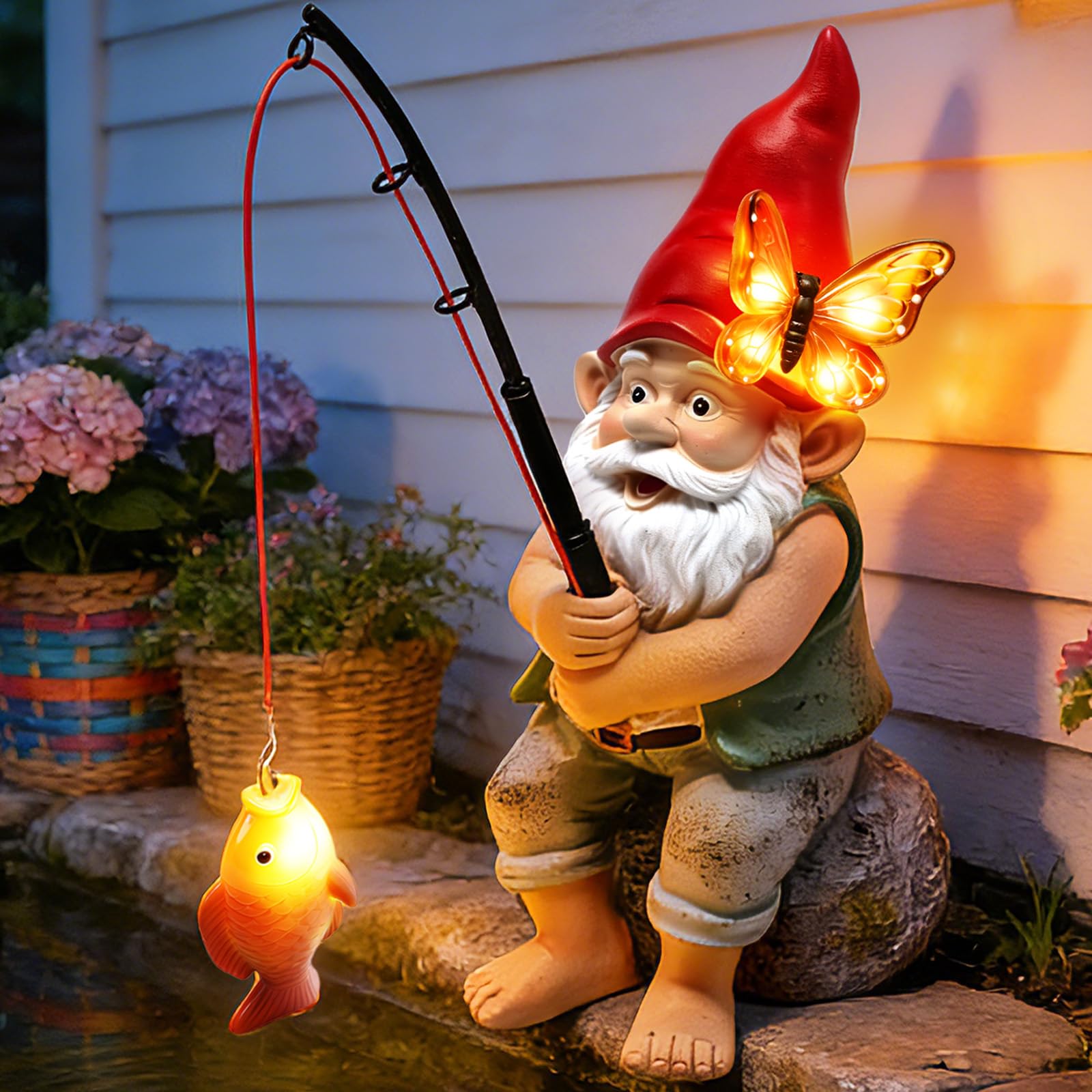 Solar Fishing Garden Gnome Statue with Butterfly Solar LED Lights, Waterproof Outdoor Figurine Ornament for Yard Patio Lawn Porch Decor, Perfect Mother’s Day & Birthday Gifts for Mom Women