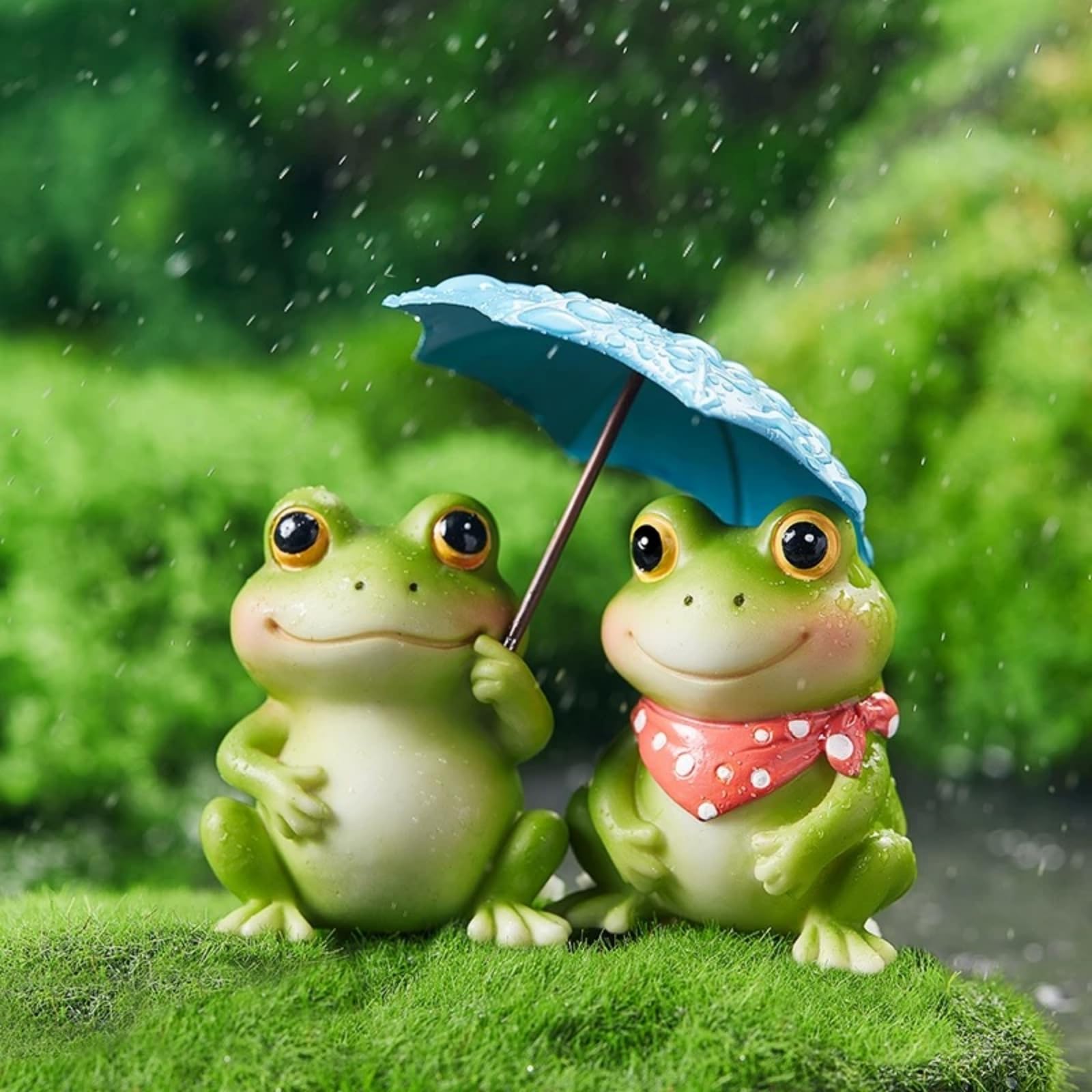 Set of 2 Umbrella Frog Figurines, Mini Fairy Garden Statues, Indoor & Outdoor Decor for Home Yard Lawn Patio