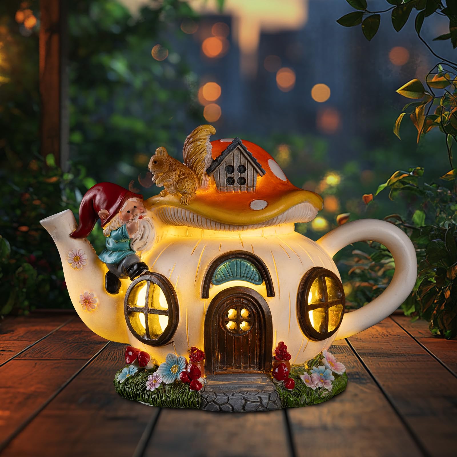 Solar Fairy House Statue with Gnome & Squirrel Figurines, Waterproof Outdoor Fairy Garden Accessories for Yard Patio Lawn Balcony, Gifts for Mom & Grandma