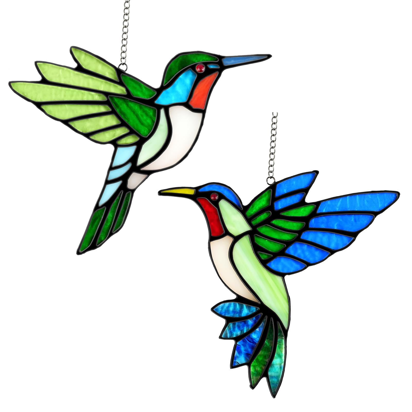 2 Pack Handmade Hummingbird Stained Glass Suncatcher, 6 Inch Glass Window Hanging Ornament with Copper Foil Edges, Suction Hooks Included, Bird Lover Gift for Mom Grandma Women