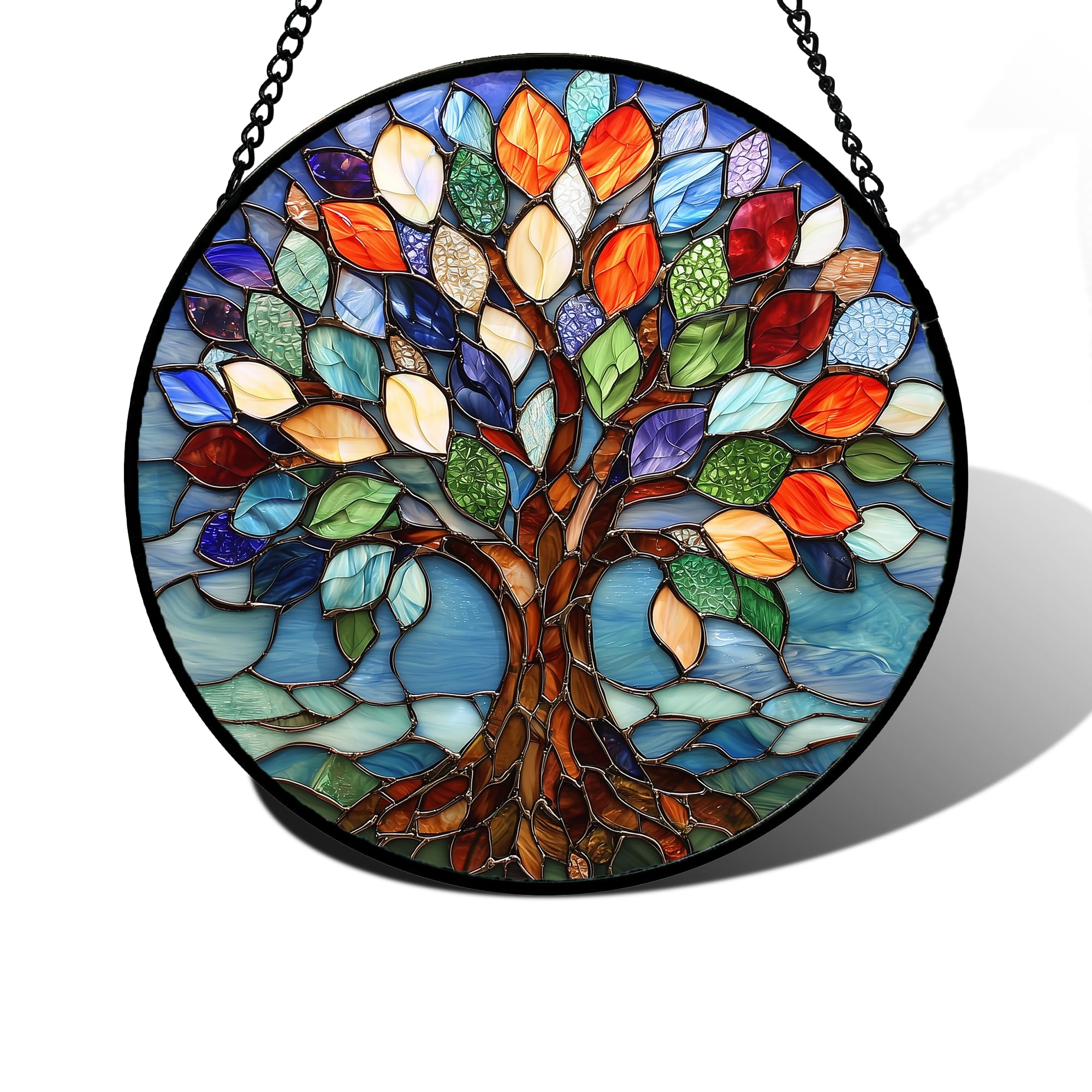 Tree of Life Stained Glass Suncatcher, 6.3 Inch Colorful Glass Window Hanging Ornament, Home Decor Gift for Mom, Wife, Aunt, Men & Women