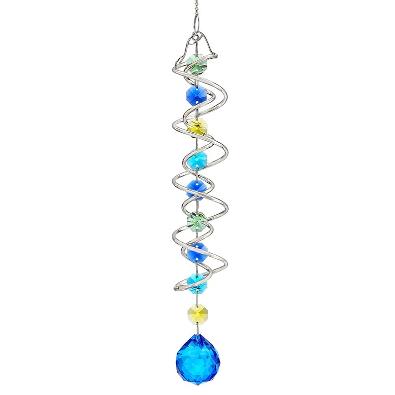 20.5 Inch Double Spiral Wind Spinner with Sea Blue Crystal Gazing Ball, Hanging Sun Catcher Rainbow Maker for Indoor Outdoor Decor