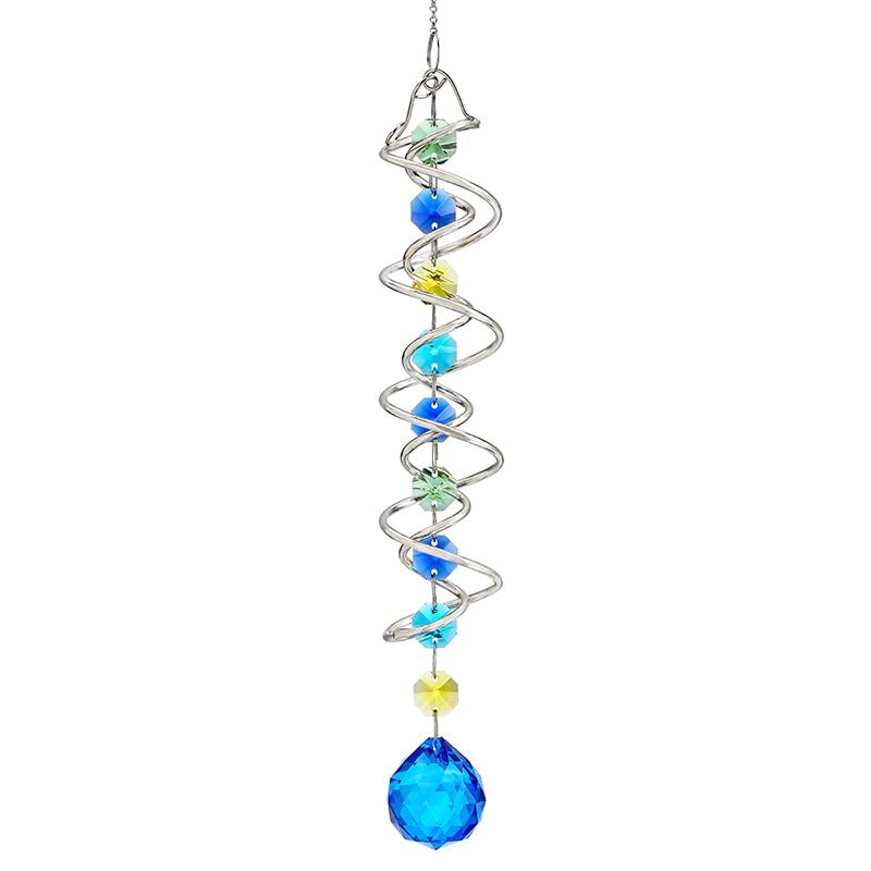 20.5 Inch Double Spiral Wind Spinner with Sea Blue Crystal Gazing Ball, Hanging Sun Catcher Rainbow Maker for Indoor Outdoor Decor