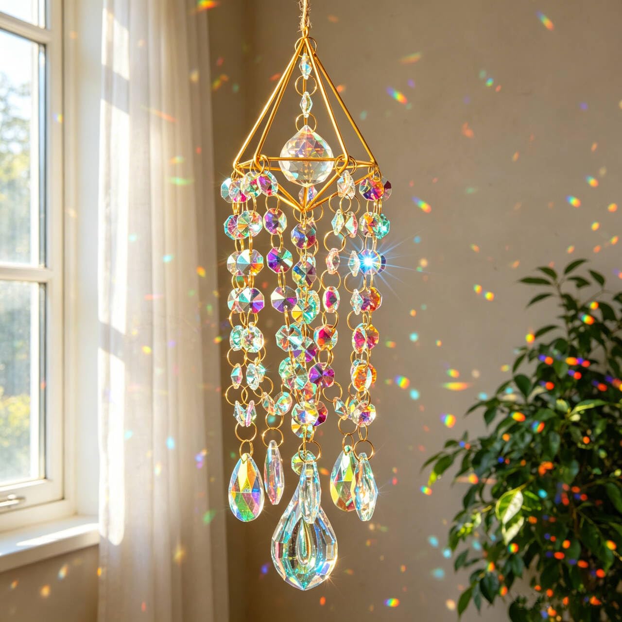 Handmade Gold Plated Crystal Suncatchers | Window Hanging Rainbow Prism Sun Catcher, Indoor Outdoor Garden Wind Chime Decor