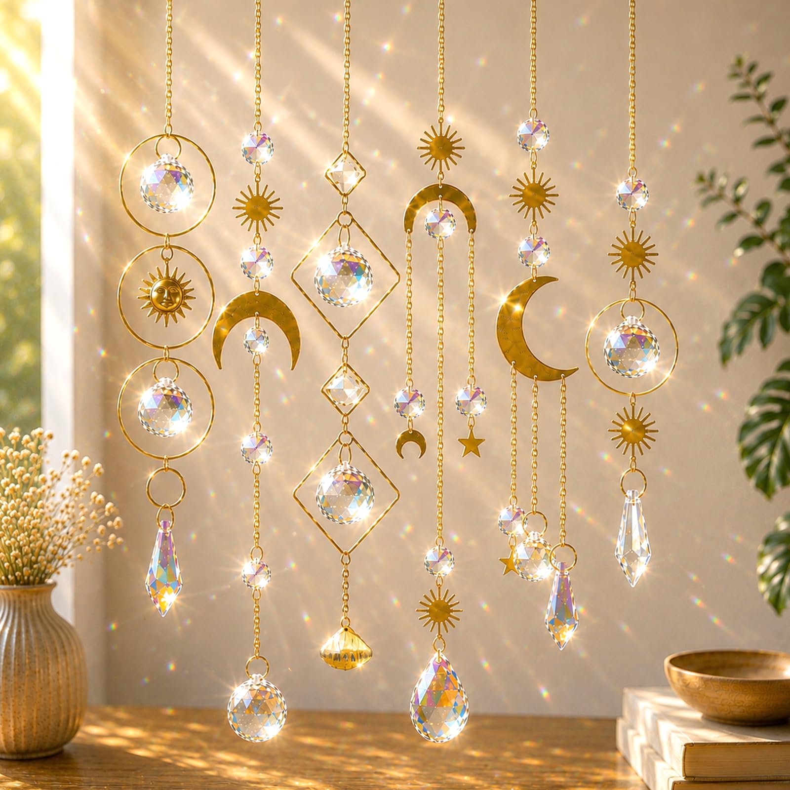 6 Pack Colorful Crystal Suncatchers with Chain Pendants, Crystal Ball Window Hanging Ornaments for Home Garden Wedding Christmas Party Decor