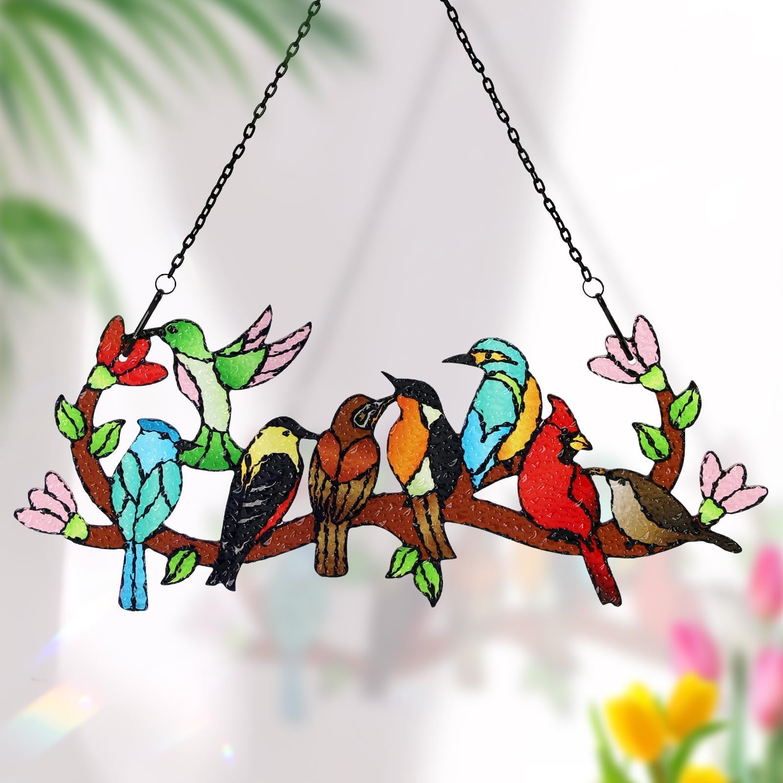 Stained Glass Birds on Branch Suncatcher, Cardinal Hummingbird Kingfisher Double Sided Window Hanging Ornament, Gift for Bird Lovers