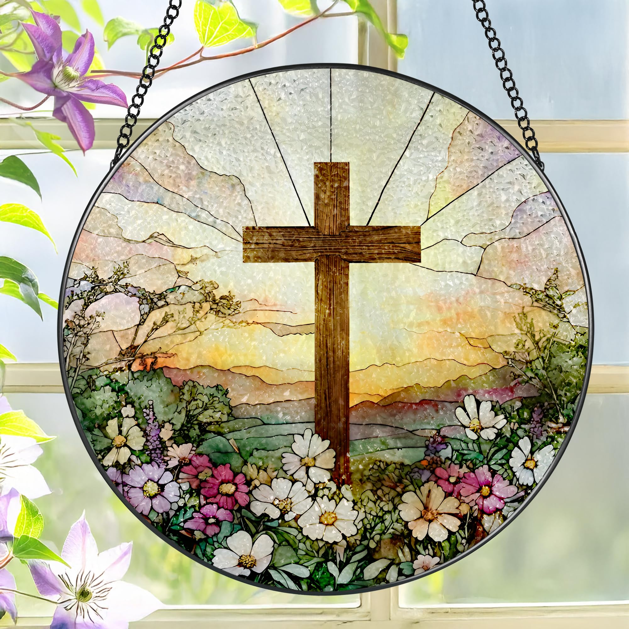 8 Inch Stained Glass Cross with Wildflowers Suncatcher, Christian Window Hanging Decor, Religious Easter & Faith Gift