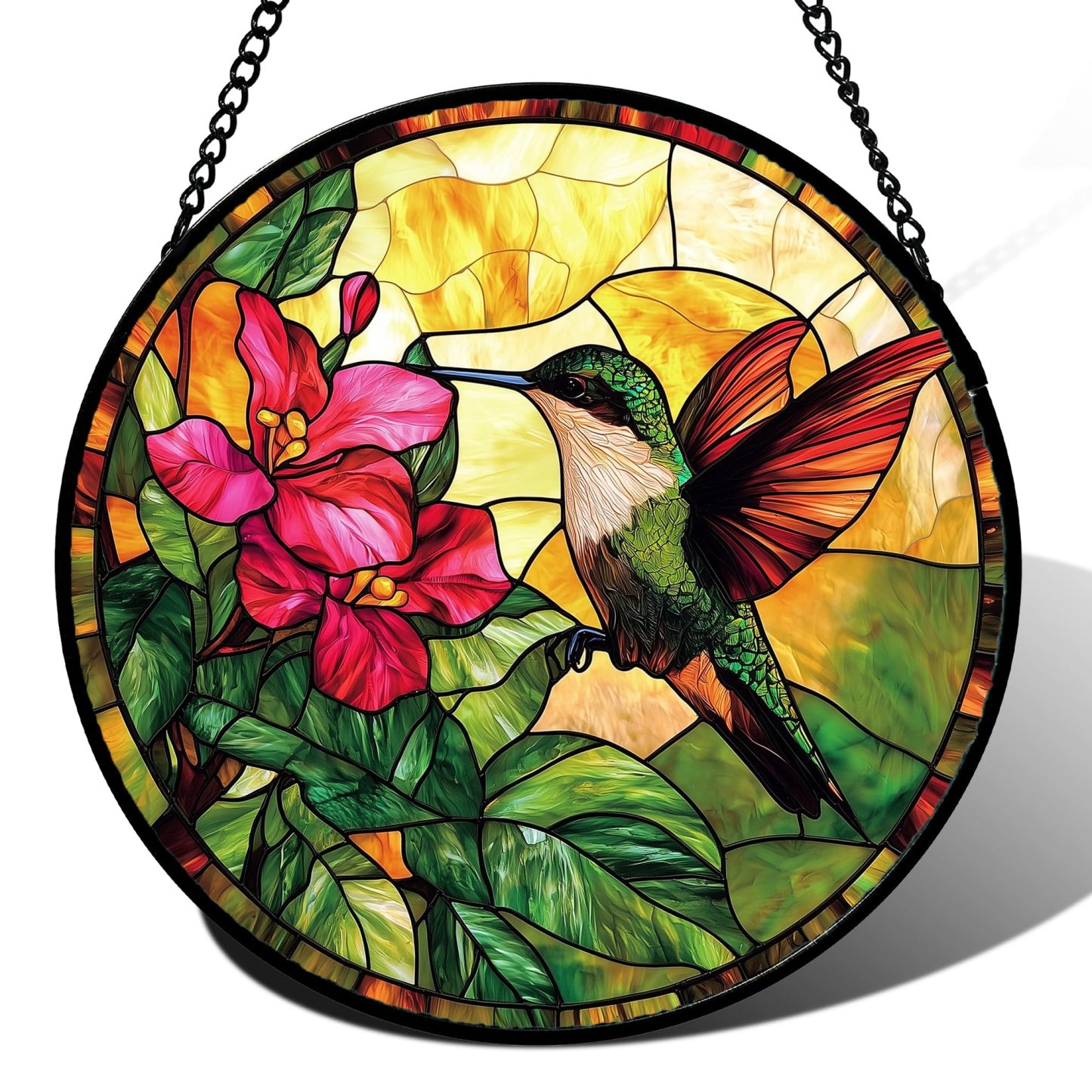 6.3 Inch Hummingbird & Red Flower Stained Glass Suncatcher, Window Hanging Ornament, Birthday & Mother’s Day Gift for Bird Lovers, Mom and Nana