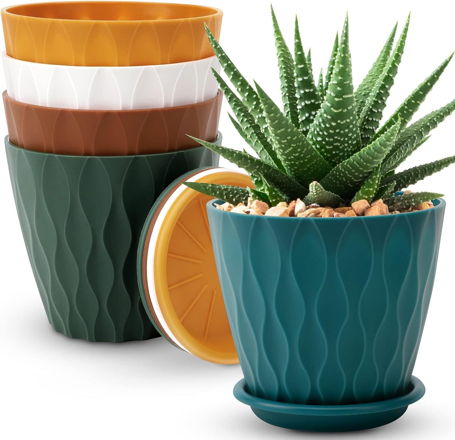 6 Inch Plant Pots 5 Pack Multicolor Indoor Outdoor Flower Pots, Planters with Drainage Holes & Saucers
