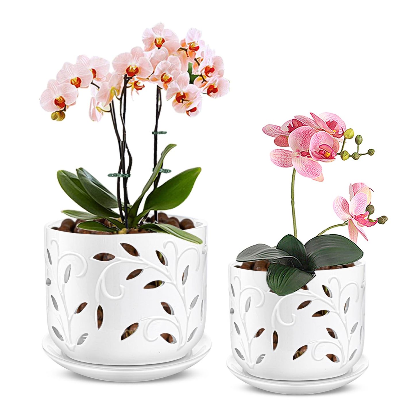 White Ceramic Orchid Pot Set (5 + 6 Inch) with Drainage Holes & Saucers for Indoor & Outdoor Use