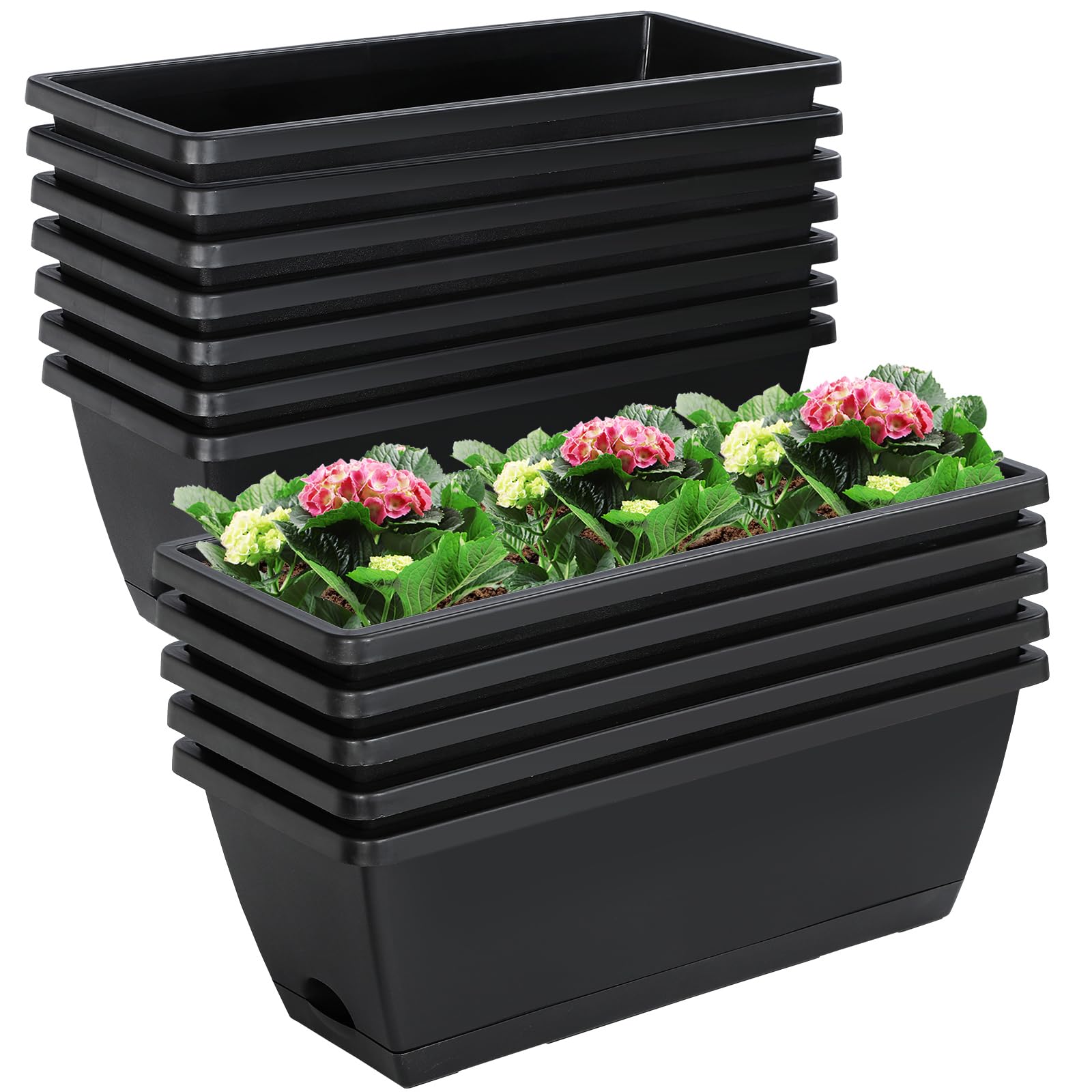 12 Pack 17 Inch Rectangle Plastic Planter Boxes with Drainage Holes & Trays – Flower Pots for Indoor & Outdoor Patio, Garden, Porch & Home Decor