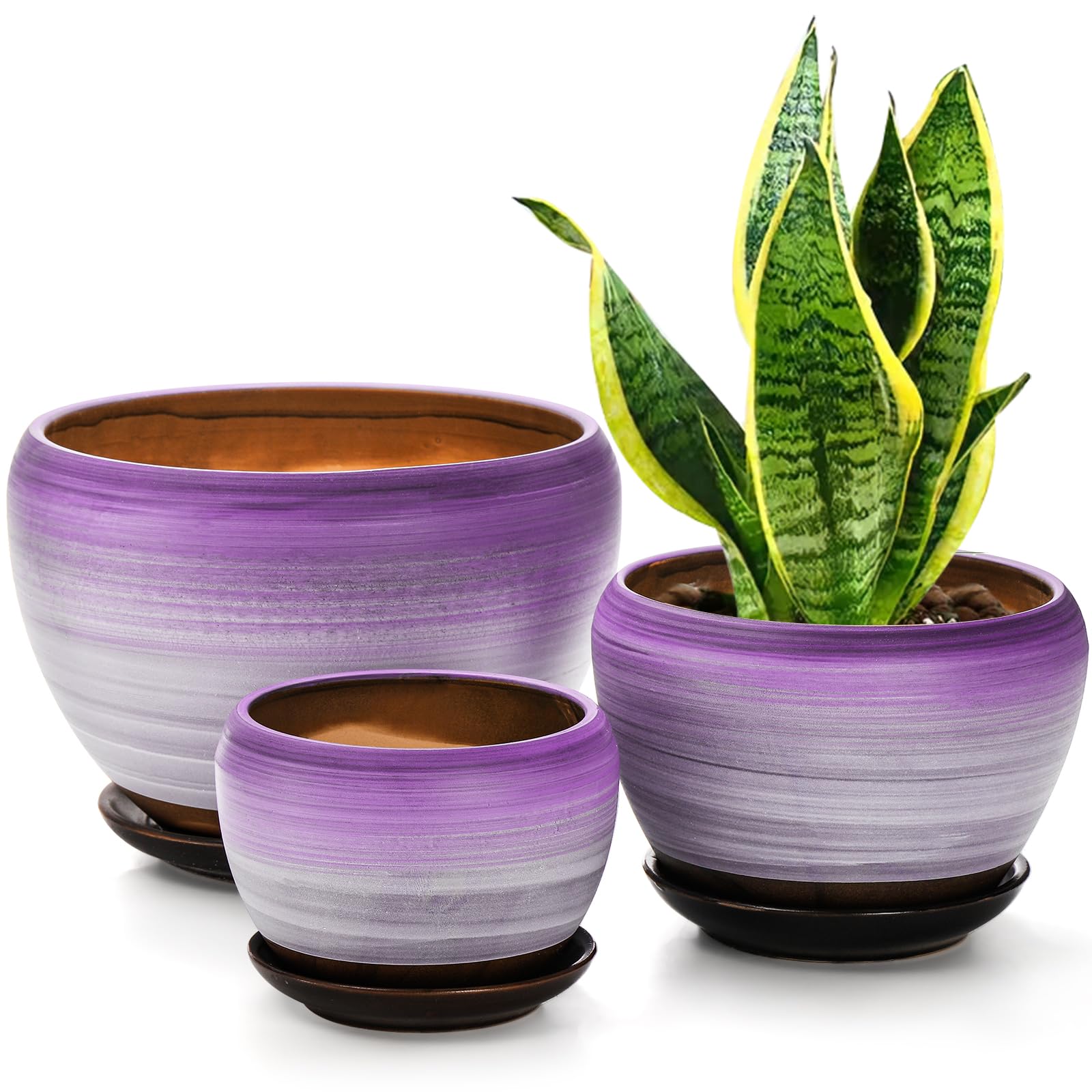 Set of 3 Ceramic Flower Pots with Drainage Holes & Saucers, 7/5/4 Inch Purple Round Planters for Succulents, Herbs, Cactus, Indoor & Outdoor Use