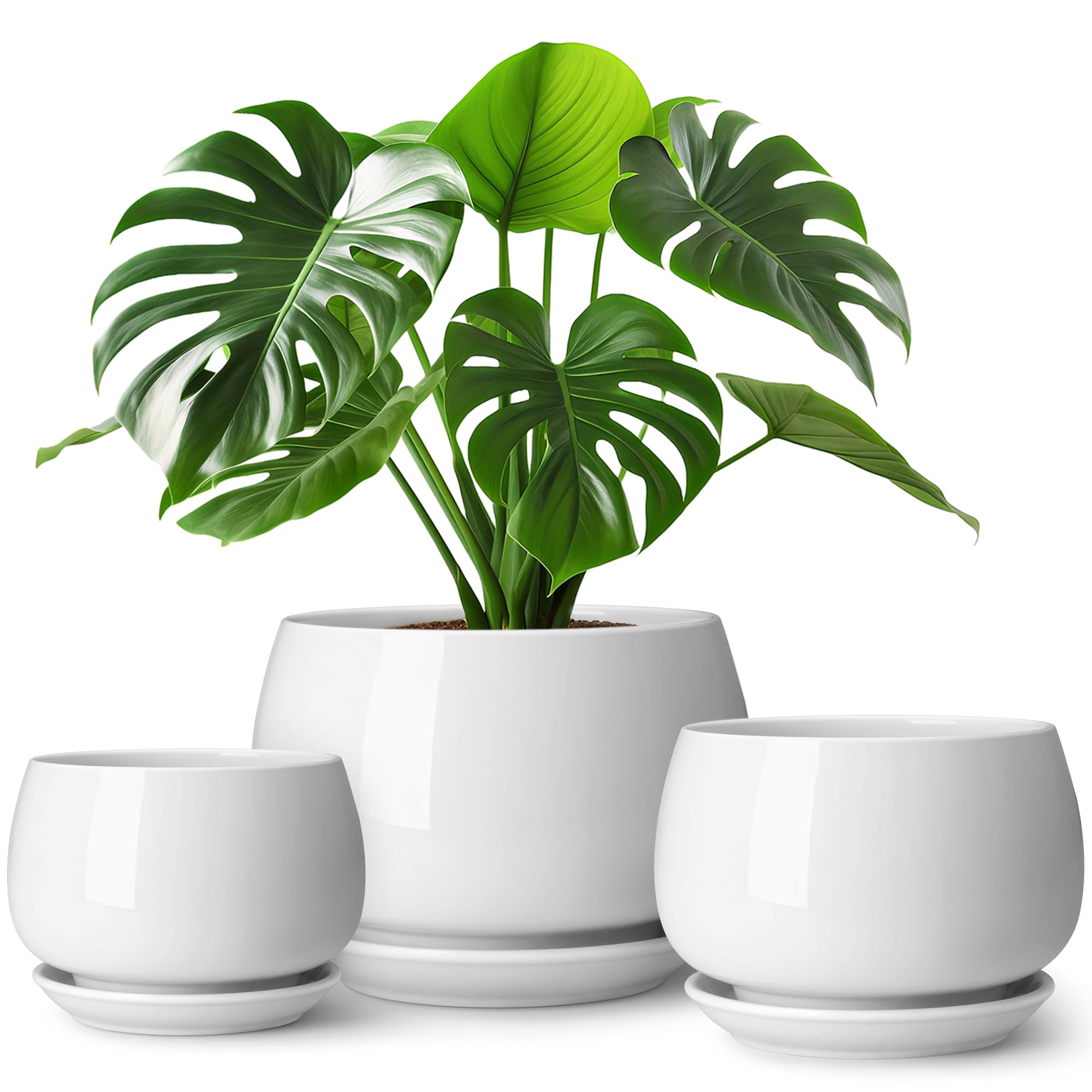 3-Pack White Ceramic Plant Pots, 3.7/4.8/6.2 Inch Indoor Planters with Drainage Holes & Saucers for Indoor Plants & Flowers