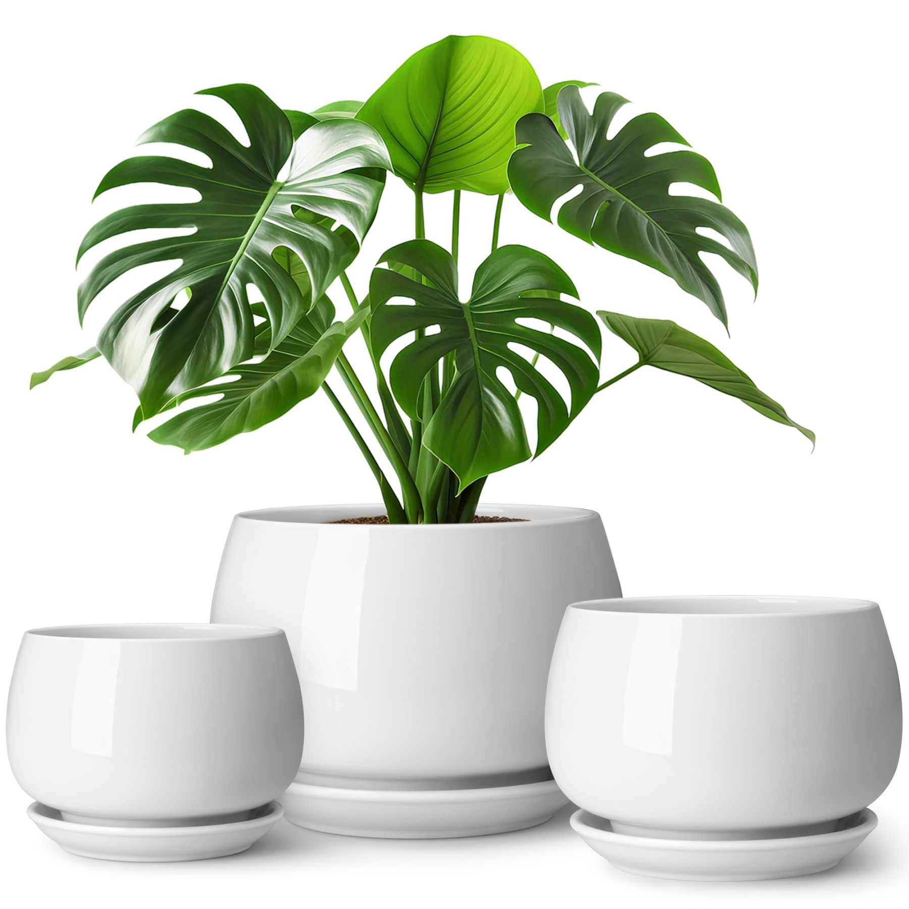 3-Pack White Ceramic Plant Pots, 3.7/4.8/6.2 Inch Indoor Planters with Drainage Holes & Saucers for Indoor Plants & Flowers