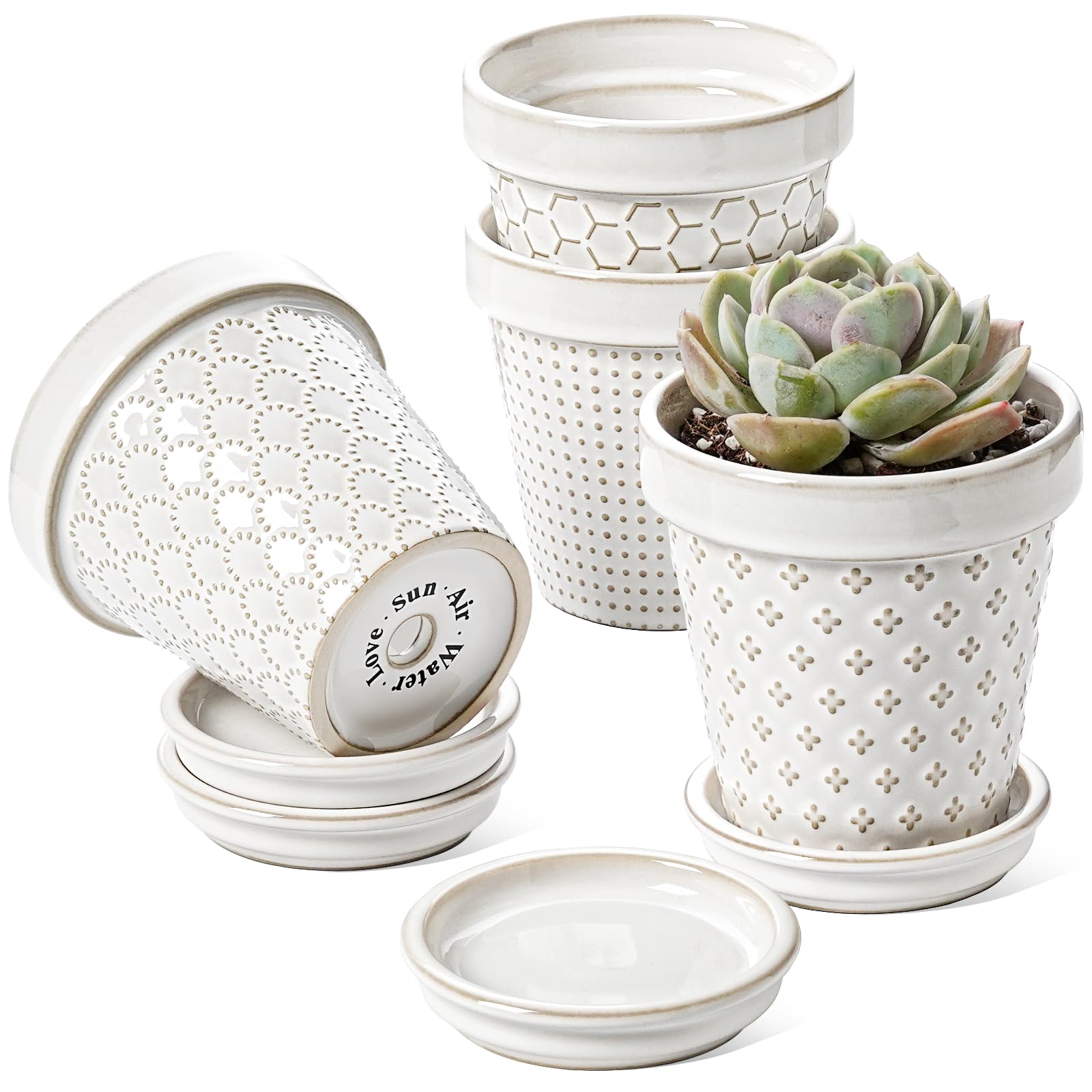 Set of 4 Arctic White Ceramic Succulent Pots, 4 Inch Small Embossed Planters with Drainage Hole & Saucer for Indoor Succulents & Cactus