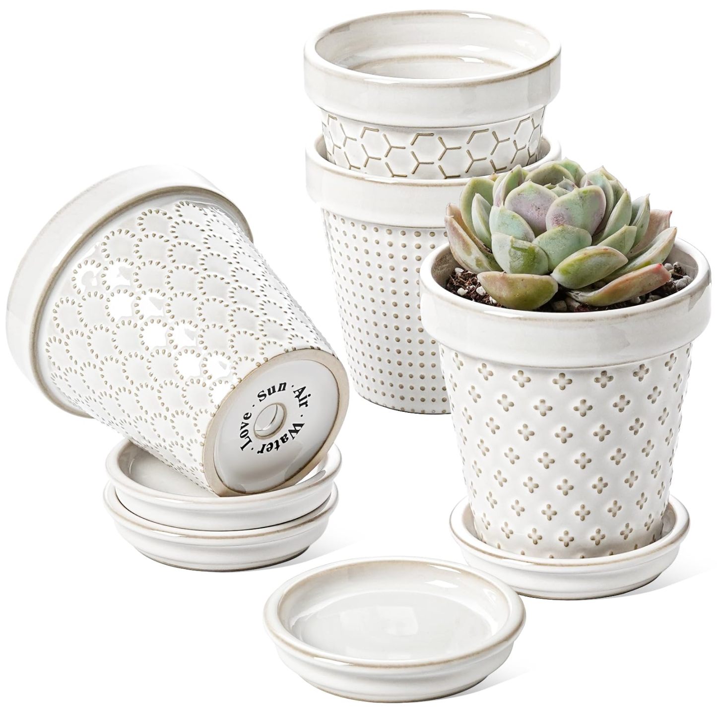 Set of 4 Arctic White Ceramic Succulent Pots, 4 Inch Small Embossed Planters with Drainage Hole & Saucer for Indoor Succulents & Cactus