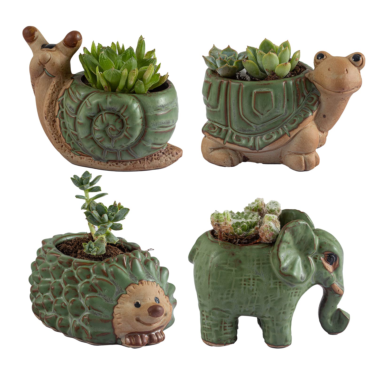 4-Pack Cute Ceramic Animal Succulent Pots with Drainage, Indoor Outdoor Small Planters for Cactus, Bonsai, Home & Office Desk Decor, Perfect Gift