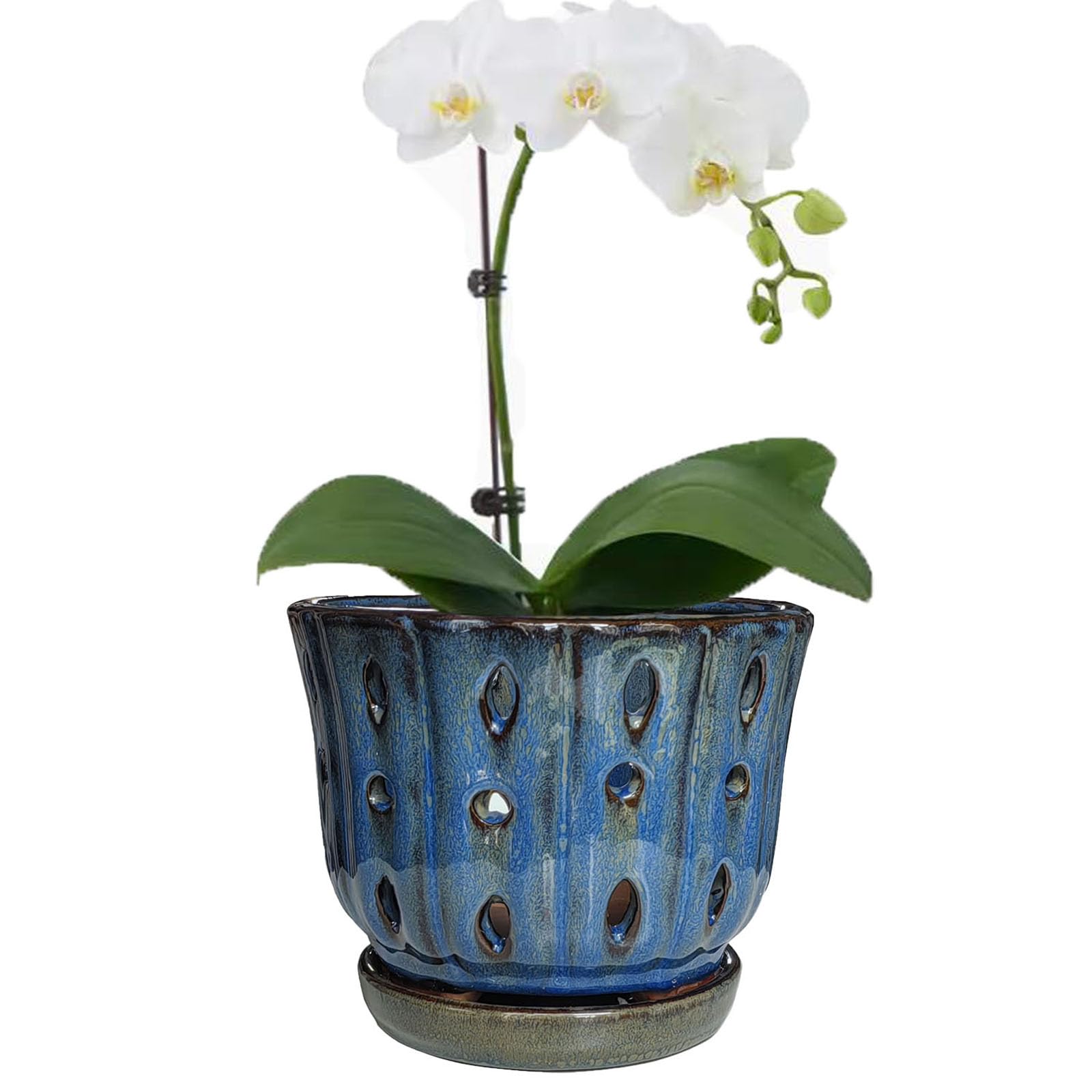6 Inch Round Ceramic Orchid Pot with Holes, Premium Orchid Planter for Indoor Outdoor Use