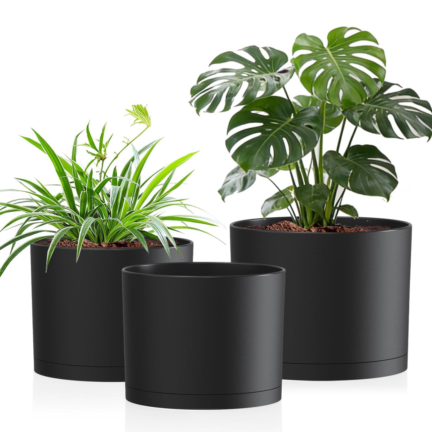 10/9/8 Inch Modern Cylinder Plant Pots with Drainage Holes & Trays, 3 Pack Minimalist Planters for Indoor & Outdoor Use, Perfect for Monstera, Snake Plant & More