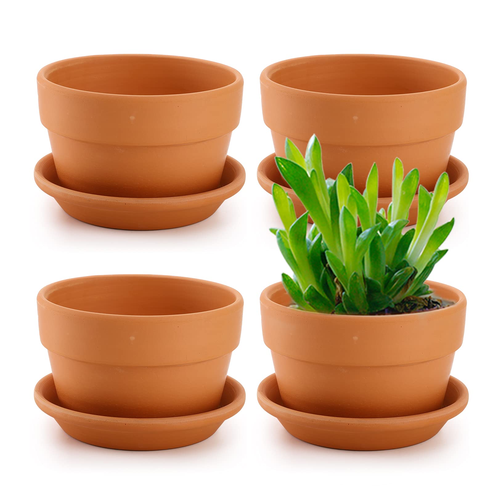 4 Pack 6 Inch Terracotta Plant Pots with Saucers, Large Clay Flower Planters with Drainage Holes for Indoor & Outdoor Plants