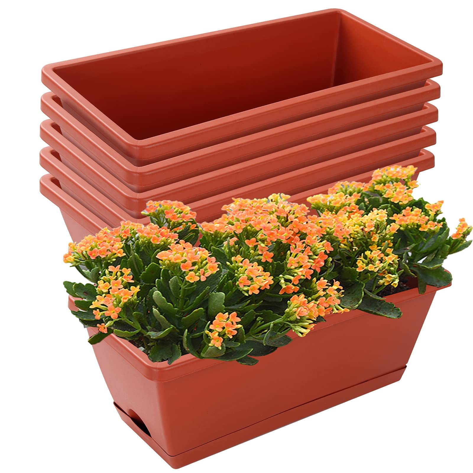 7 Pack 17 Inch Rectangular Plastic Window Box Planters with Saucers, Vegetable & Flower Planter Pots for Indoor Outdoor Garden, Patio & Home Decor