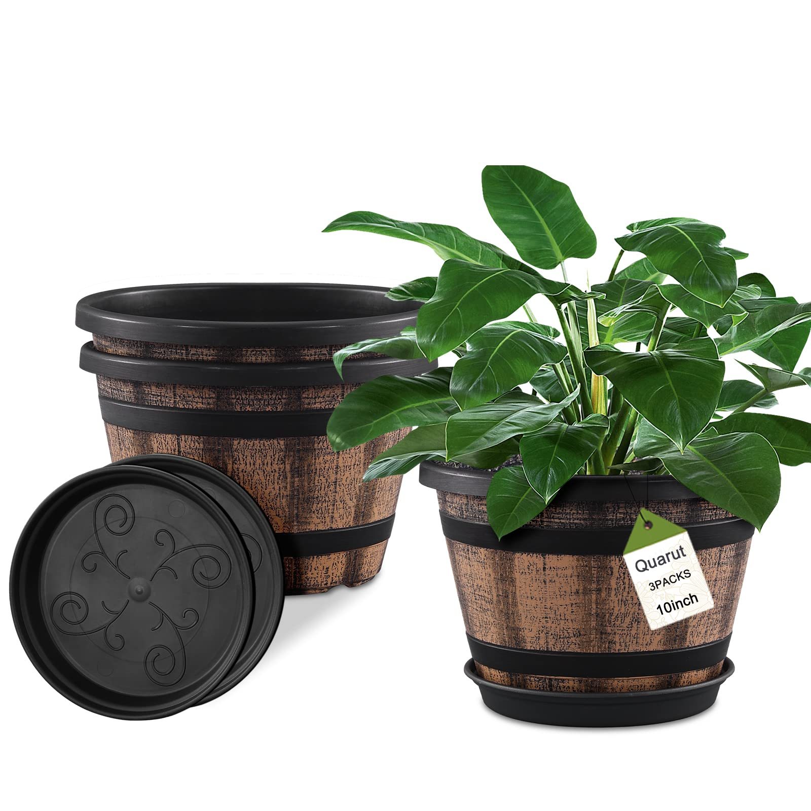 3 Pack 10 Inch Whiskey Barrel Planters, Plastic Flower Pots with Drainage Holes & Saucers, Imitation Wine Barrel Design for Indoor & Outdoor Garden & Home Decor (Brown)