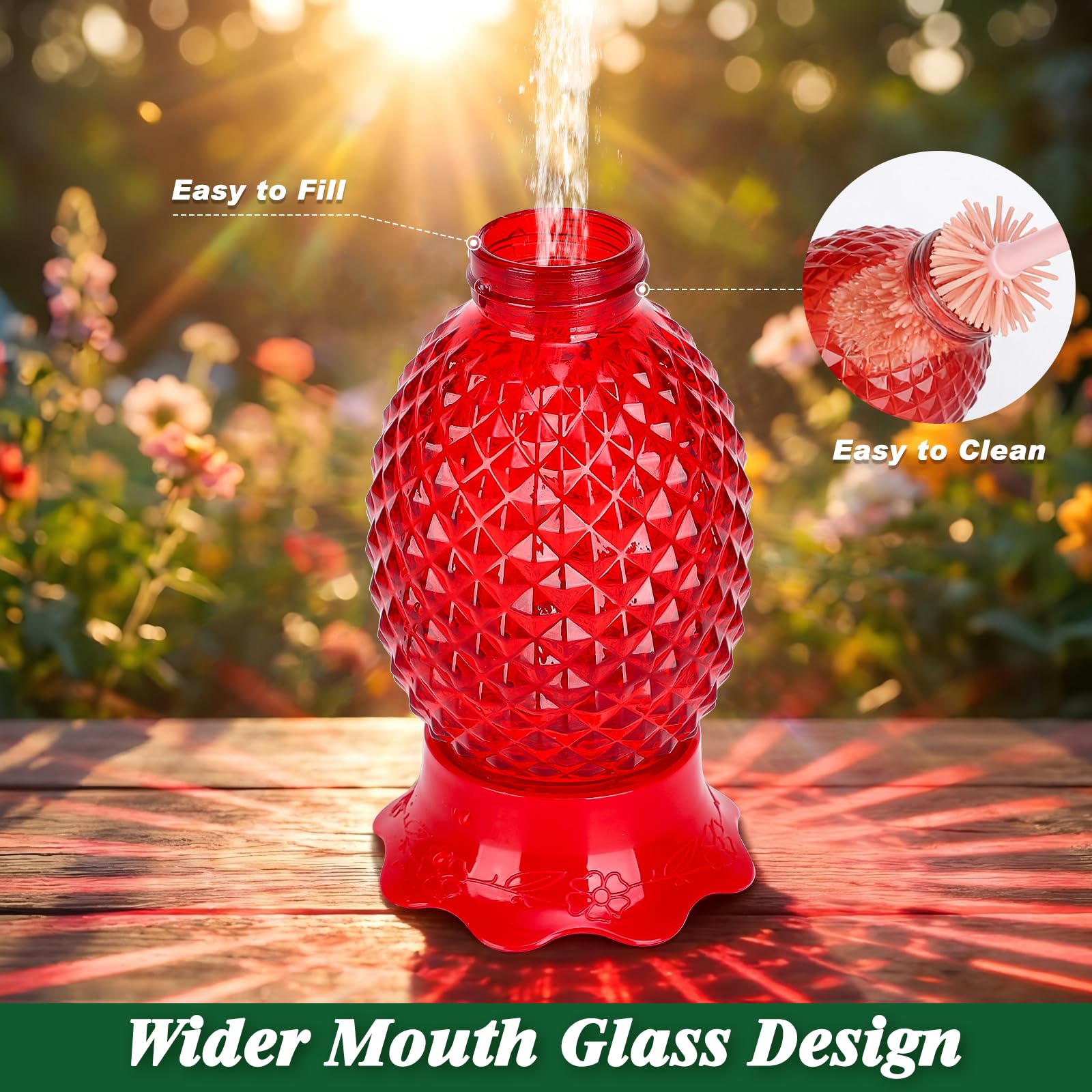 2 Pack Red Pineapple Glass Hummingbird Feeders, 16oz Hanging Outdoor Bird Feeder, 6 Feeding Ports 360° Perch, Bee & Ant Proof Leakproof Easy Clean, Perfect Gifts for Mom
