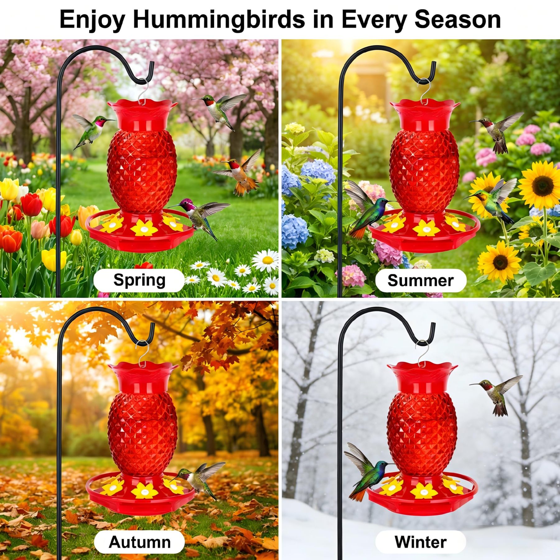 2 Pack Red Pineapple Glass Hummingbird Feeders, 16oz Hanging Outdoor Bird Feeder, 6 Feeding Ports 360° Perch, Bee & Ant Proof Leakproof Easy Clean, Perfect Gifts for Mom